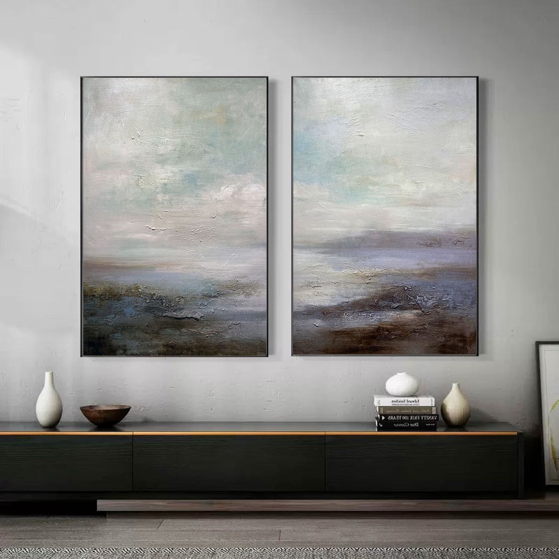 Ocean and Sky Painting Set of 2 - Handmade Wall Art for Living Room & Bedroom Decor - Coastal Themed Canvas Prints for Home Office