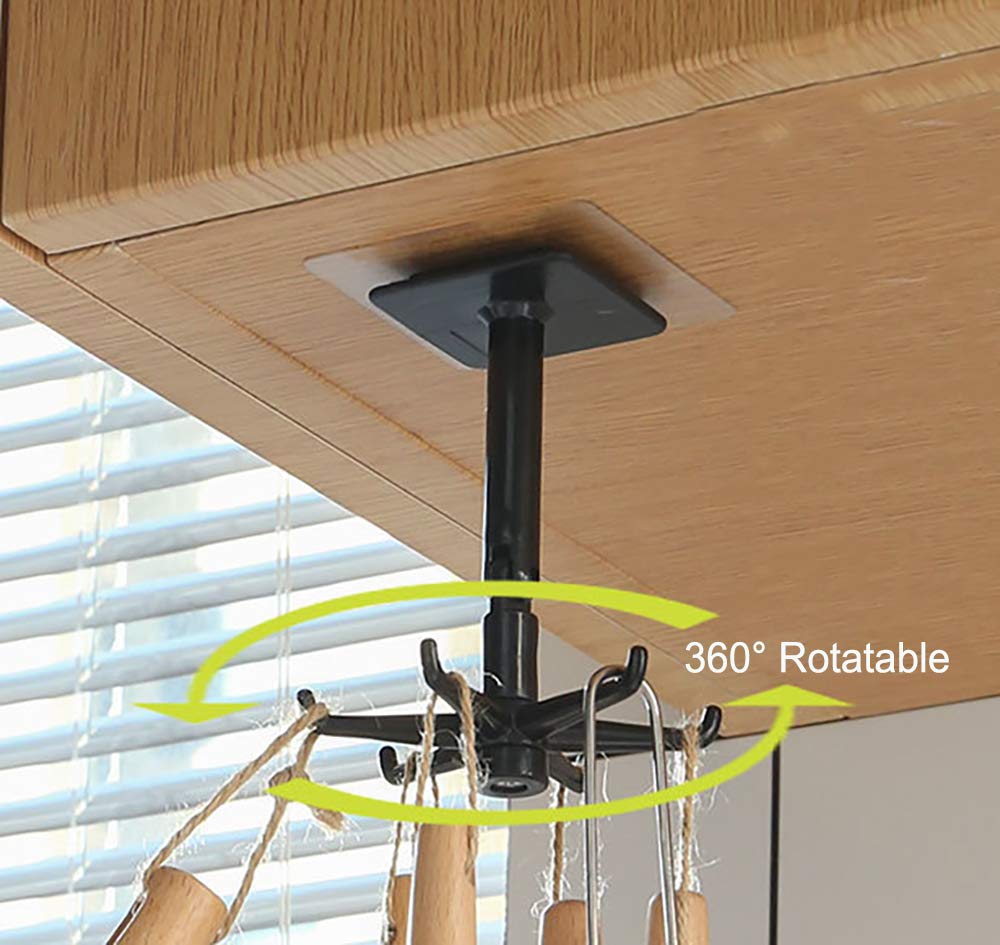 360° Rotatable Under Cabinet Kitchen Utensil Hanger - 2 Pack Space Saving No Drill Wall Mount Organizer with 6 Hooks for Spoons, Ladles & Cooking Tools - Perfect for Small Kitchens, RVs & Apartments (Black)