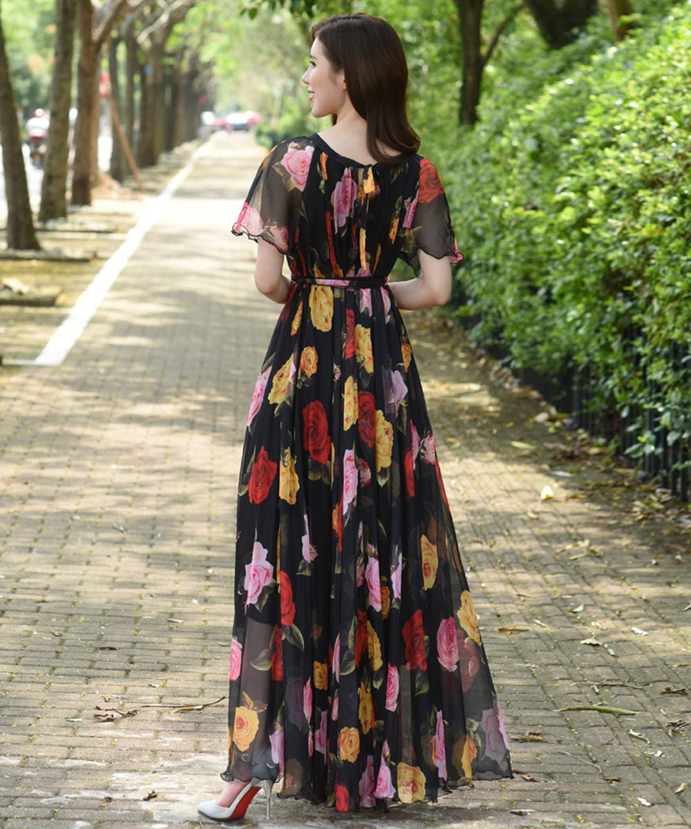 MedeShe Women's Bohemian Floral Print Short Sleeve Maxi Dress - Perfect for Summer Beach Vacations, Music Festivals & Boho Chic Outfits