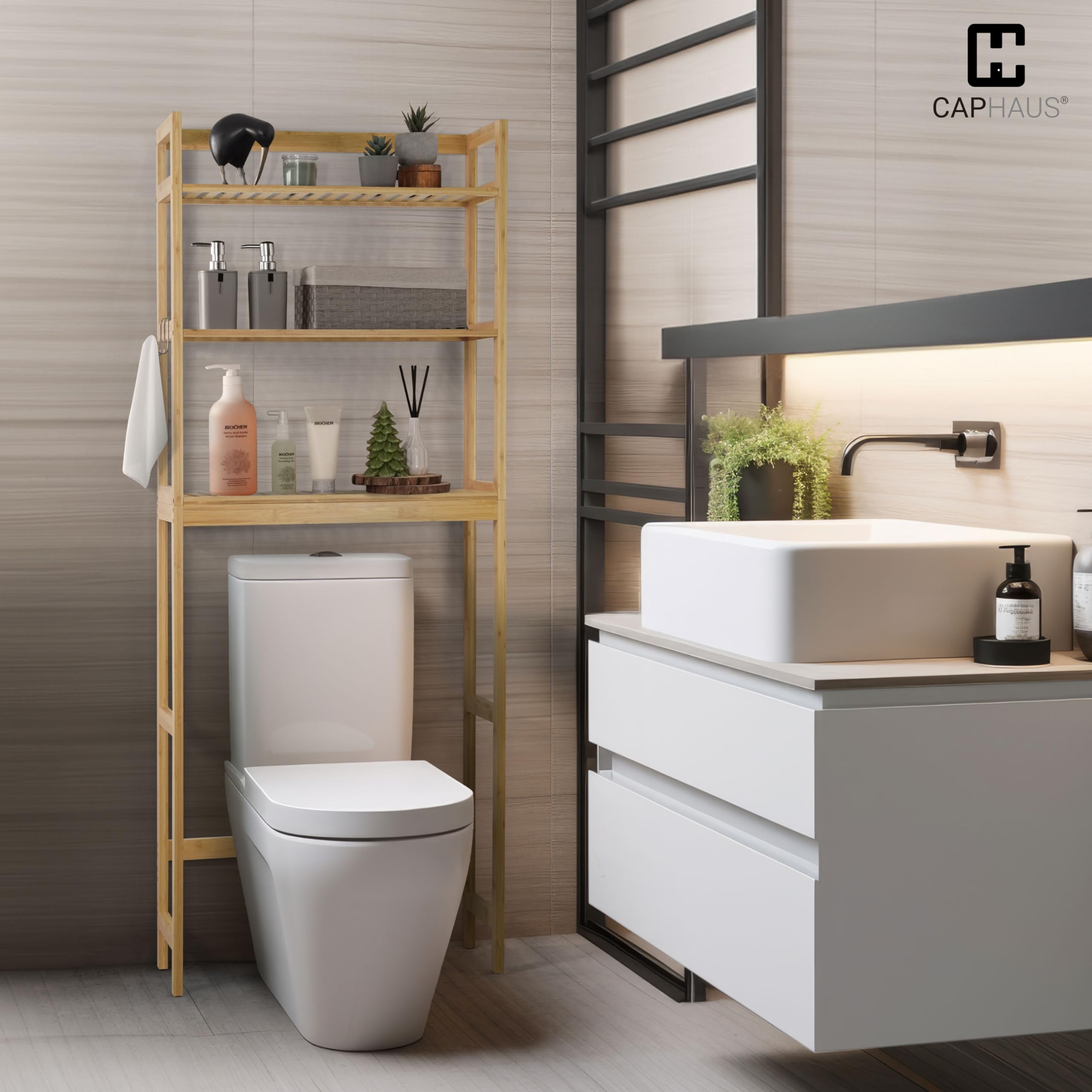 CAPHAUS 24-Inch Bamboo Over The Toilet Storage Shelf with Hooks & Adjustable Feet - Freestanding Bathroom Organizer Rack for Toilet Paper, Towels & Laundry - Perfect for Small Bathrooms, Balcony Plant Display & Home Decor