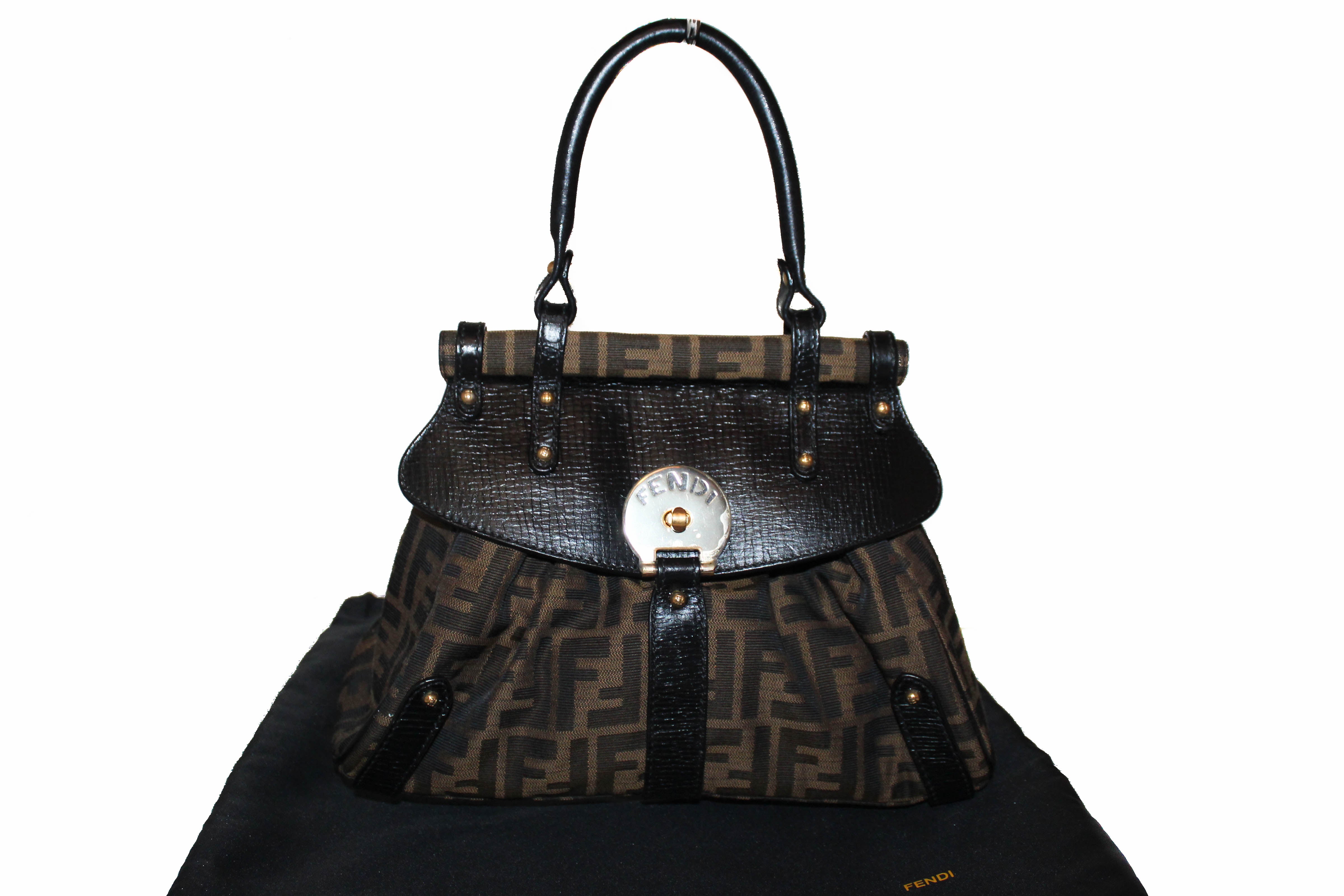 Authentic Fendi FF Zucca Canvas Small Top Handle Leather Handbag for Women | Luxury Designer Crossbody Purse for Work, Travel & Evening Events