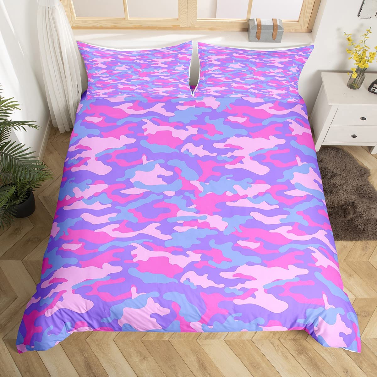 **Pink Blue Camouflage Duvet Cover Set King Size - 3 Piece Vibrant Camo Bedding for Kids, Teens & Adults - Modern Geometric Lattice Quilt Cover with 2 Pillowcases - Perfect for Bedroom, Dorm & Home Decor**