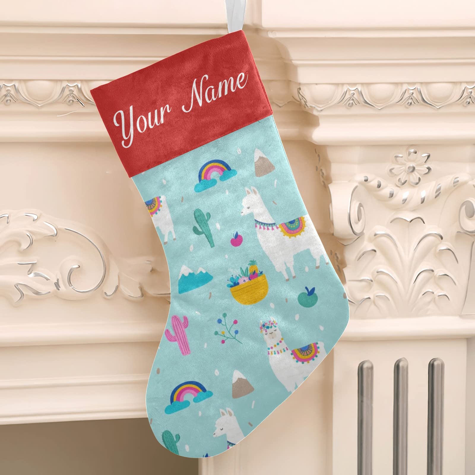 Custom Personalized Llama Alpaca Christmas Stockings with Cactus Leaves Design - 17.52 x 7.87 Inch Holiday Decor for Family Party, Gift Exchange & Fireplace Mantel Decoration