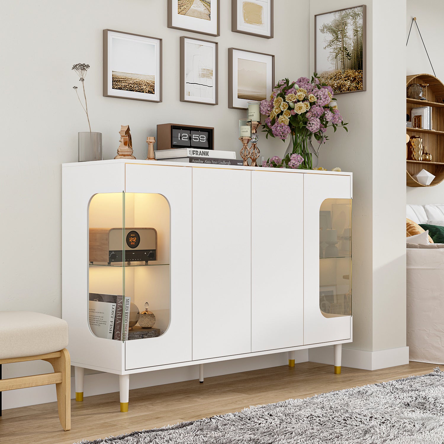 Modern Glass Door Sideboard Buffet Cabinet with LED Lighting - Stylish Display Storage for Dining Room, Living Room & Home Decor