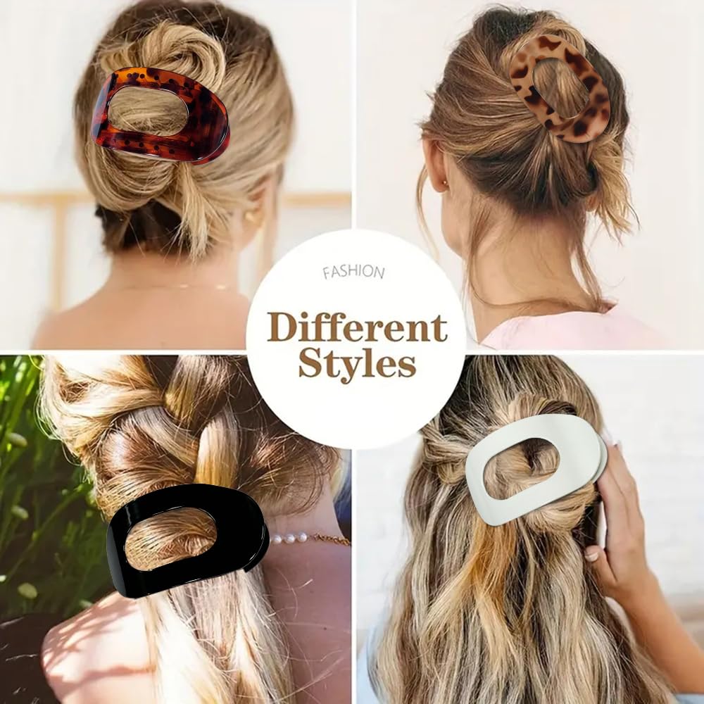 4 PCS Flat Hair Clips for Women - Round Lay Down Hair Claw Clips, French Barrettes for Thick & Thin Hair - Strong Hold Comfortable Curved Hair Clips for Sleeping, Driving, Work & Everyday Use (Leopard Print)