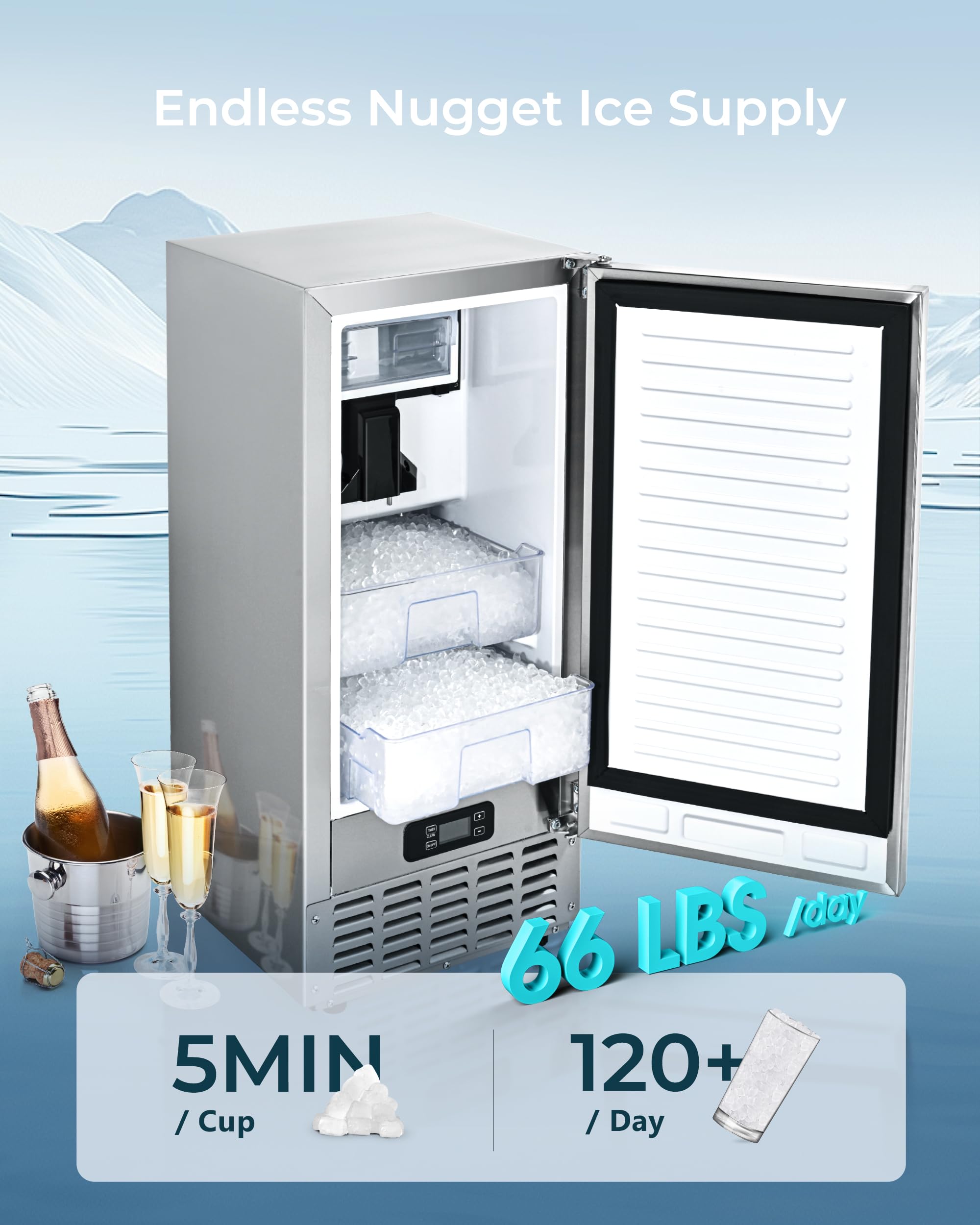 EUHOMY 66Lbs/Day Commercial Under Counter Nugget Ice Maker Machine - Built-in Freestanding with Gravity Drainage, Self-Cleaning & 24H Timer - Perfect for Restaurants, Bars, Home Kitchens & Offices (Silver)