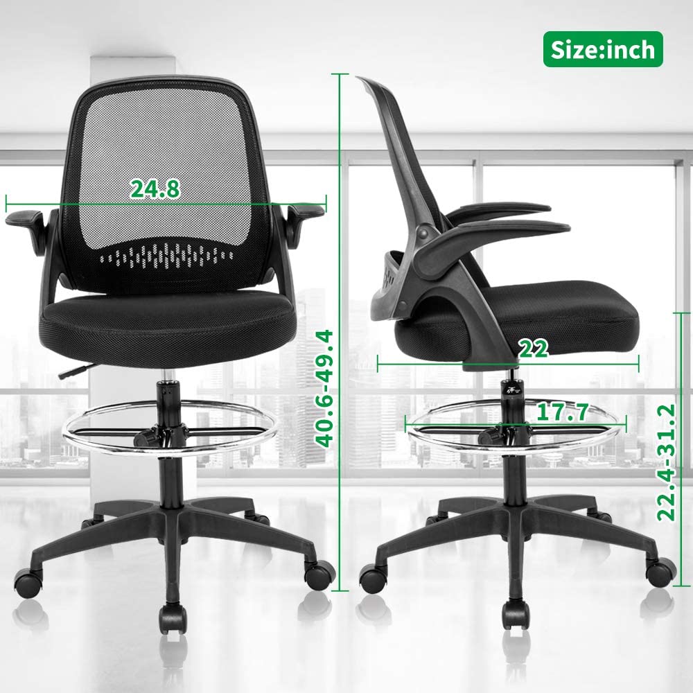 Ergonomic Drafting Chair with Adjustable Height, Foot Rest & Flip-Up Arms - Mesh Office Chair for Standing Desks - Black Executive Swivel Task Chair for Home & Office Workspaces (Ideal for Architects, Artists & Long Work Sessions)