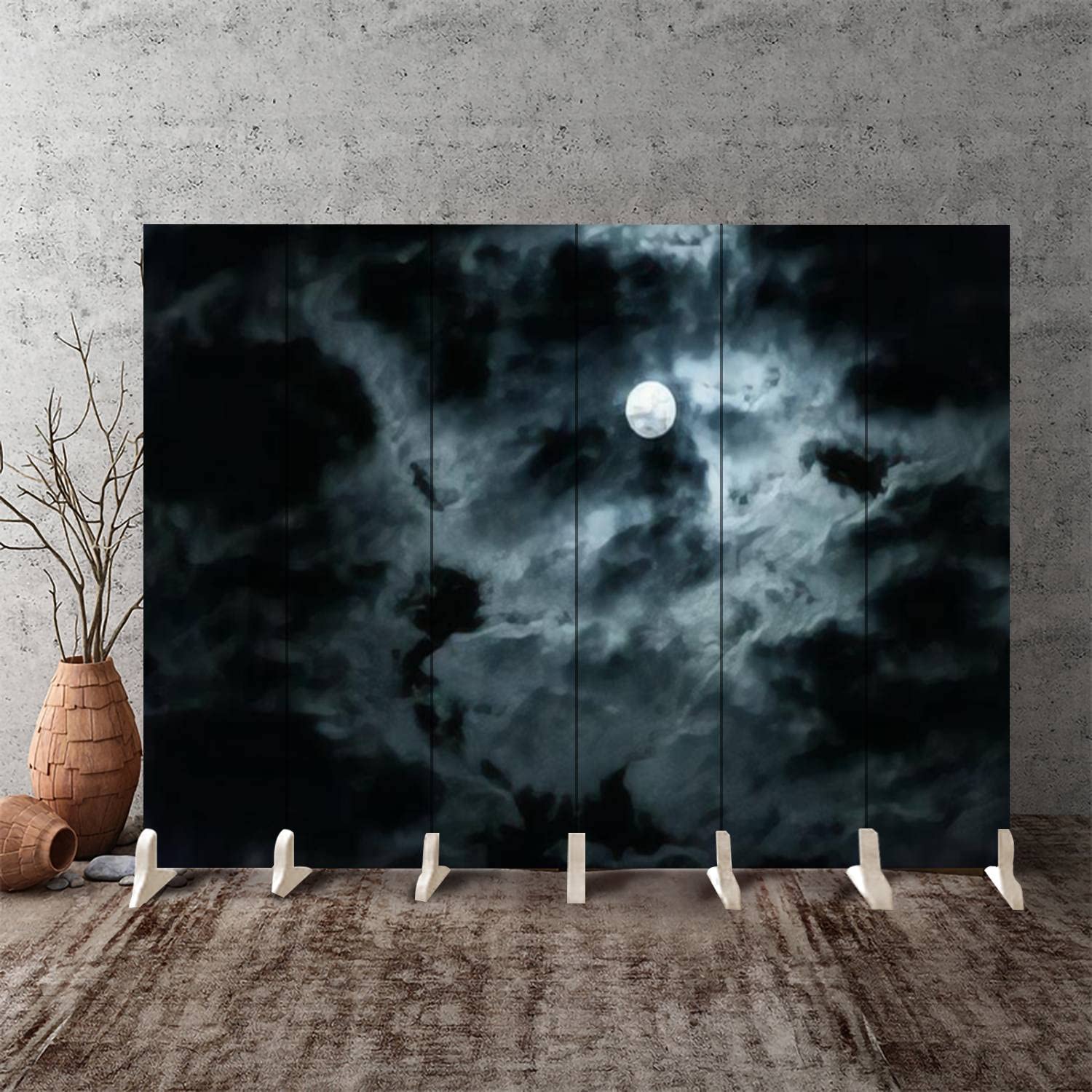6-Panel Gothic Horror Night Sky Canvas Room Divider with Full Moon - Folding Privacy Partition Screen for Bedroom, Office & Event Spaces