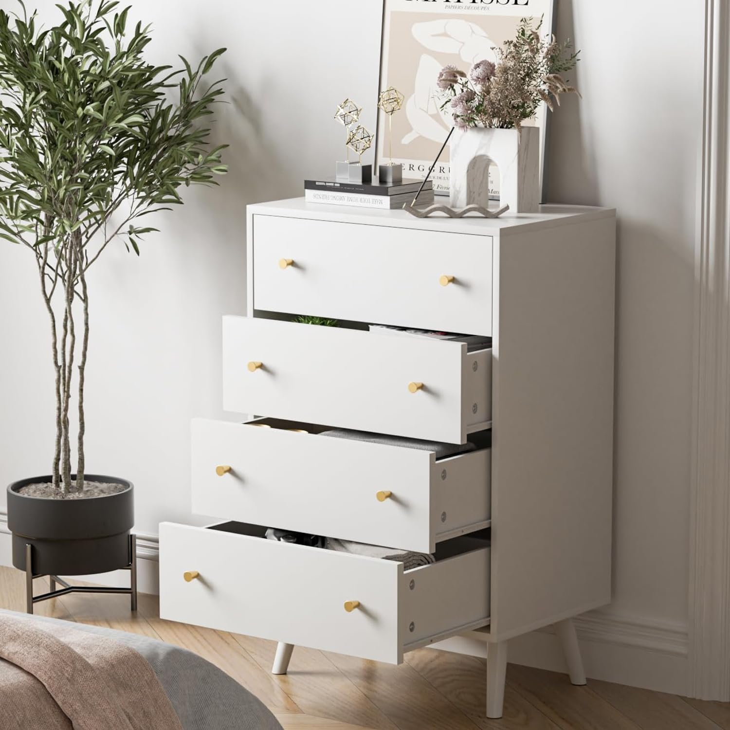 Modern White Dresser with 4 Drawers & Gold Handles - Stylish Chest of Drawers for Bedroom Organization - Perfect for Master Bedroom, Guest Room & Nursery Storage