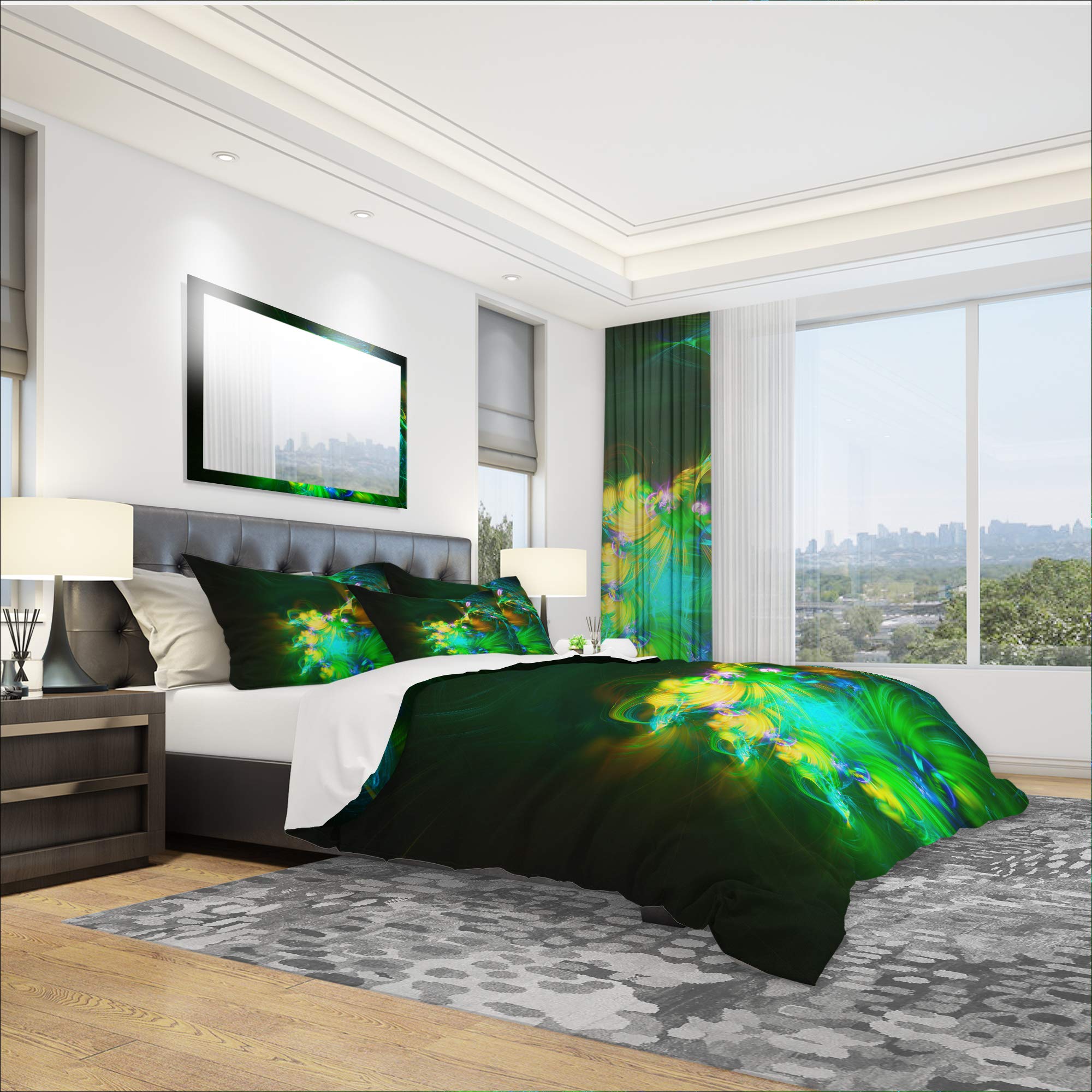 DesignQ Bright Green Fractal Flower Dark Nautical Coastal Duvet Cover Set - Queen Size Floral Bedding 3-Piece Set | All-Season Comfort for Beach House, Guest Room & Coastal-Themed Bedroom Decor