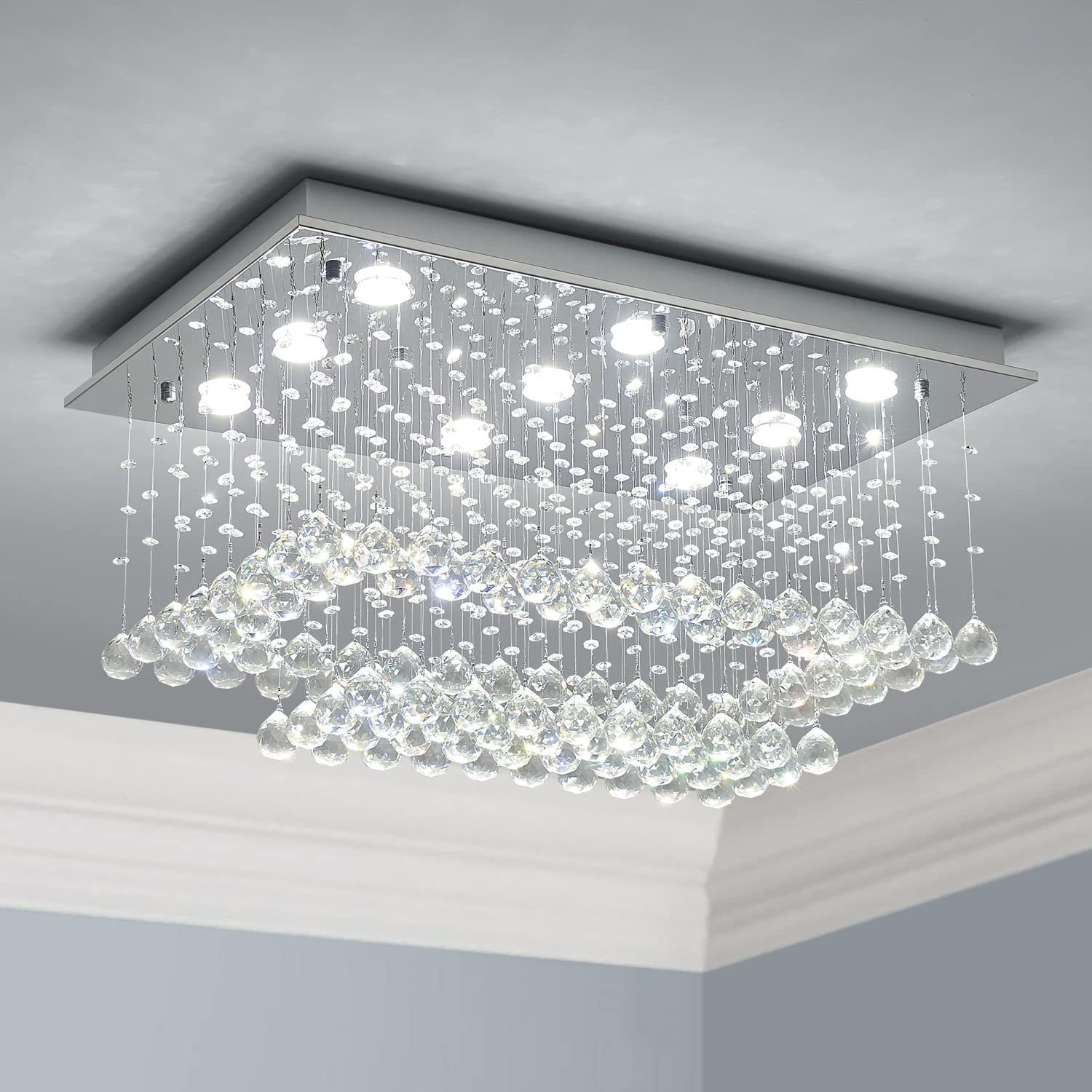 Saint Mossi K9 Crystal Chandelier - 9-Light 2-Tier Modern Flush Mount Ceiling Light Fixture for Bedroom, Dining Room & Living Room (32