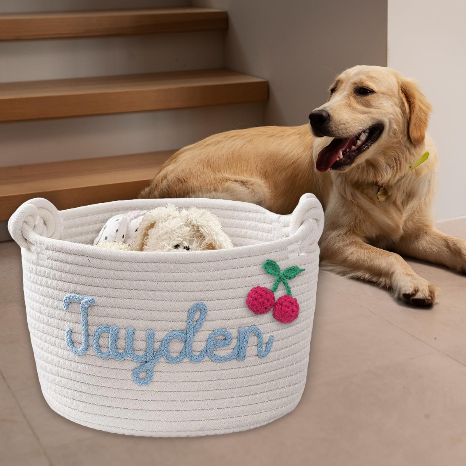Personalized Dog Toy Basket - Custom Rope Woven Pet Storage Organizer with Handles & Name Embroidery - Cute Toy Bin for Dogs & Cats (Pink) - Perfect for Pet Room Organization & Toy Storage