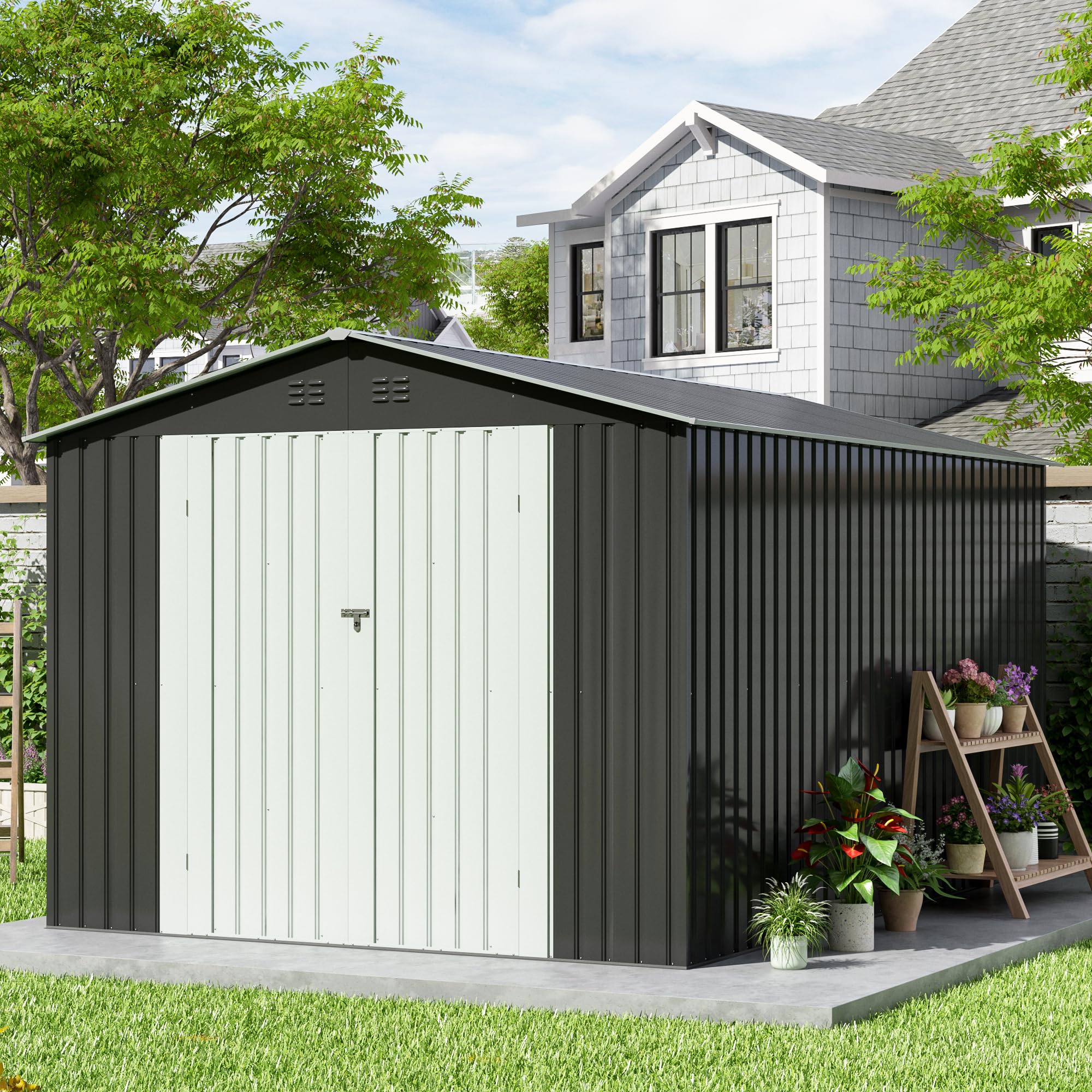 8x12 FT Outdoor Storage Shed - Heavy Duty Metal Garden Shed with Reinforced Frame & Lockable Doors | Weather-Resistant Tool Shed for Backyard, Patio, Lawn & Garage Organization | Perfect for Storing Gardening Tools, Lawn Equipment & Outdoor Furniture (Grey)