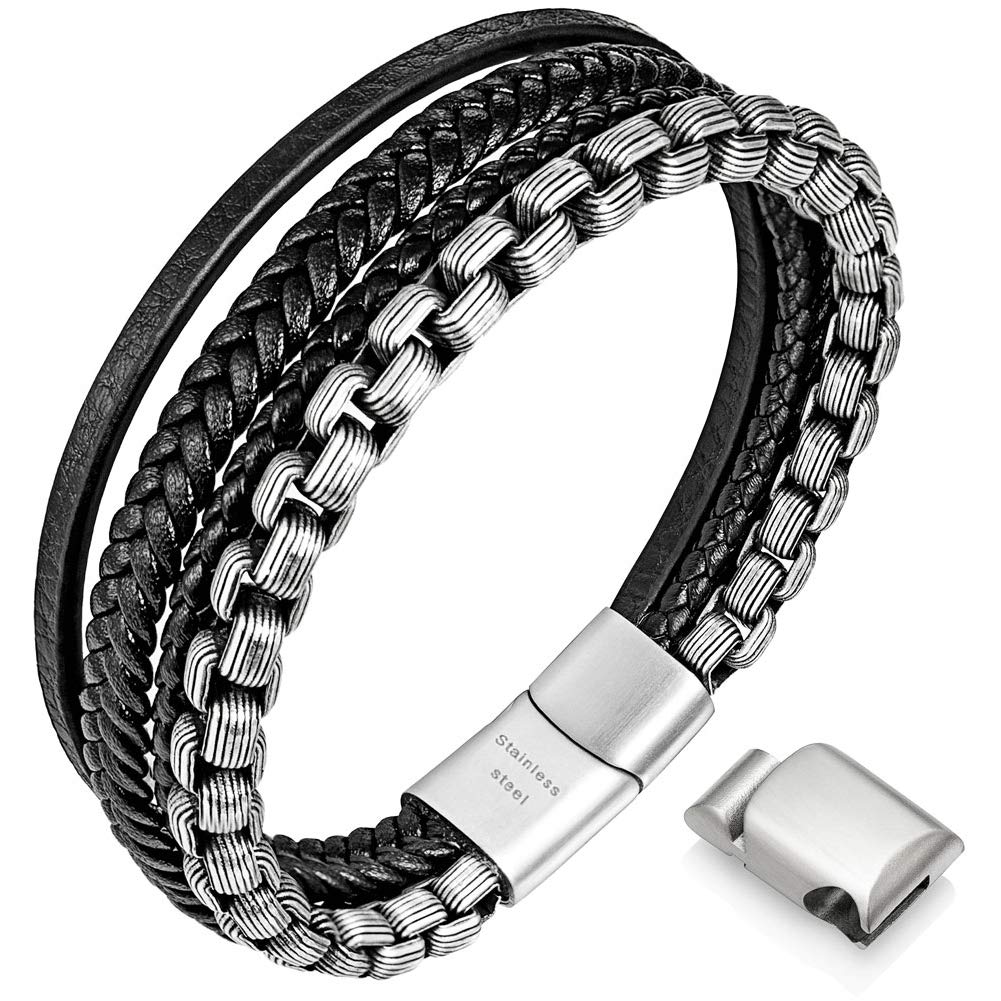 Speroto Men's Leather & Steel Bracelets with Clasp - Adjustable Chain Bracelet for Men - Stylish Gift for Boyfriend, Husband, Father - Perfect for Casual Wear, Date Night & Special Occasions