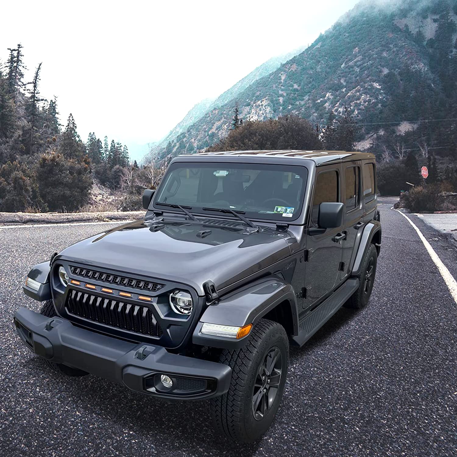 2018+ Jeep Wrangler JL/JLU & Gladiator JT Matte Black Mesh Grille Front Cover with Amber LED Running Lights | Off-Road Protection & Style Upgrade
