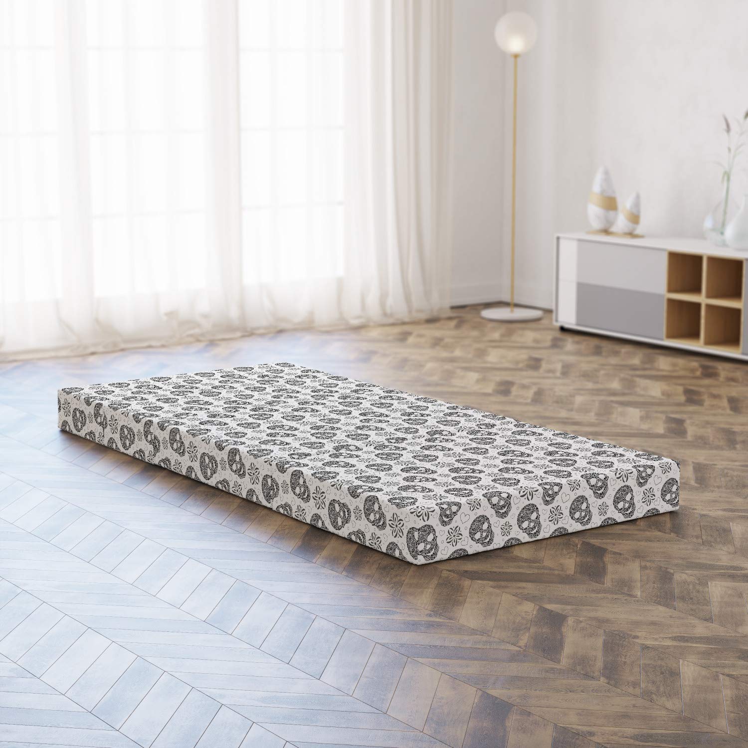 Ambesonne Black and White Foldable Mattress with Abstract Skulls Design - 74.8