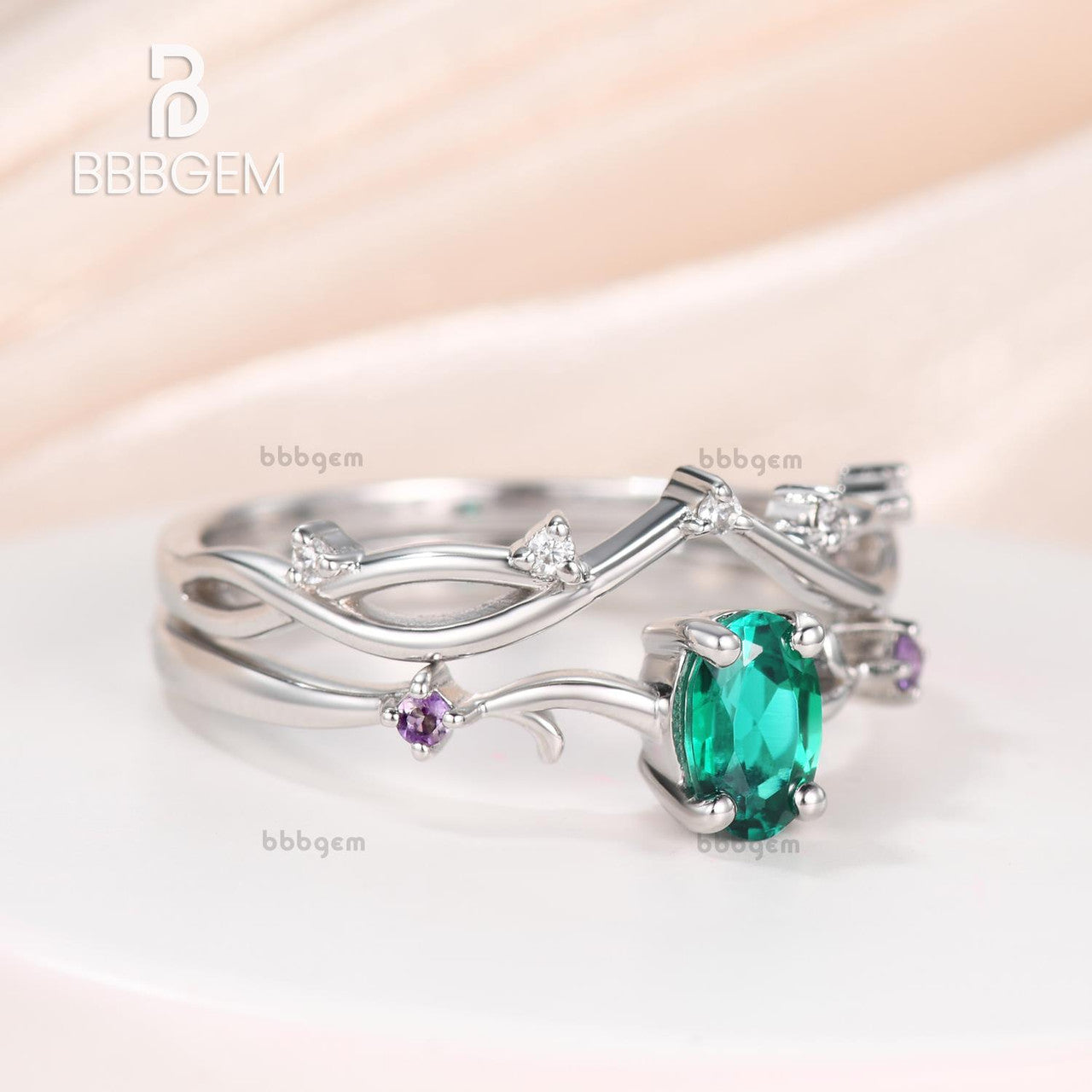 Vintage Emerald Amethyst Twig Engagement Ring Set - 14K White Gold Branch Wedding Ring for Women - Perfect for Proposals, Anniversaries & Romantic Occasions