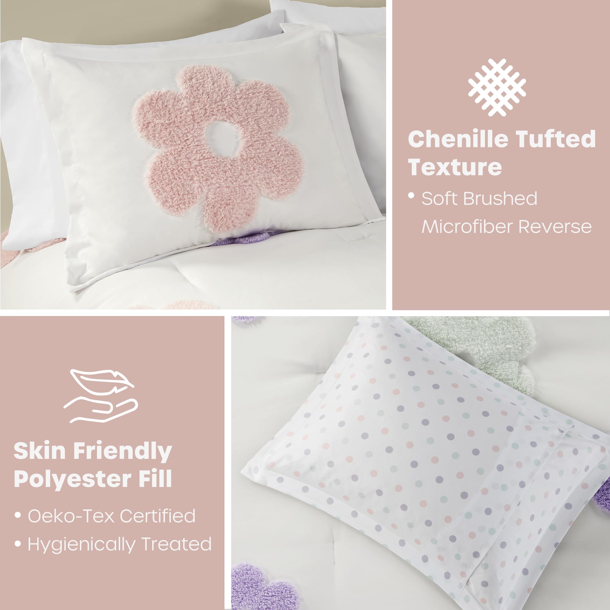 Girls Twin Comforter Set - Tufted Chenille Floral & Polka Dot Reversible Bedding | 3-Piece Set with Comforter, Sham & Pillow | Lightweight Purple & White Design | Perfect for Kids' Bedroom Decor & Sleepovers