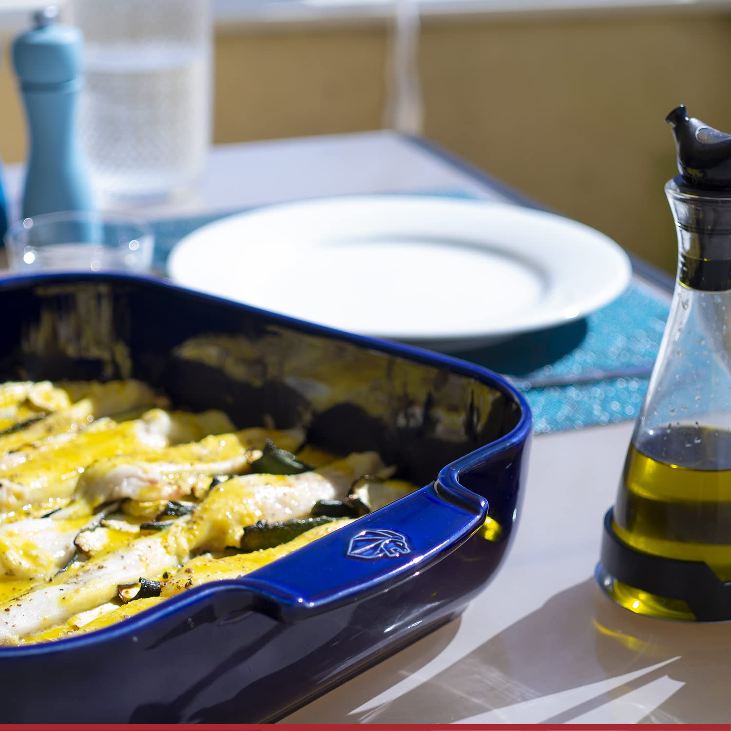 Peugeot Appolia Square Ceramic Oven Dish with Handles - 9 x 2.5 Inch Blue Baking Pan for Casseroles, Lasagna & Desserts - Durable Stoneware Baker for Oven & Microwave Use
