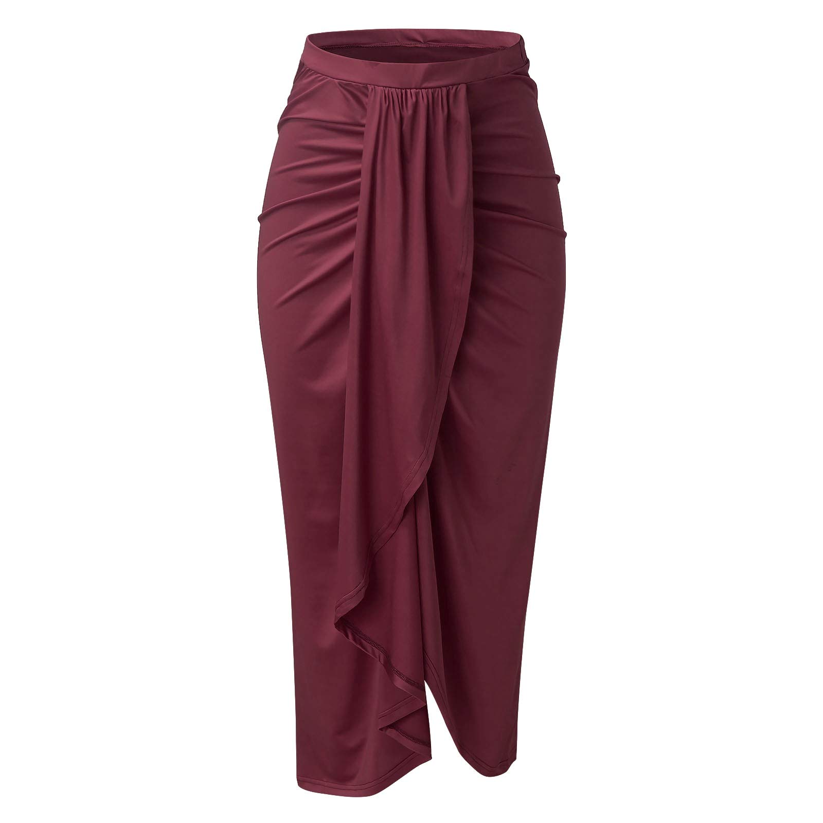 Women's Maxi Skirt - Draped Casual Wrap Waist Skirt with High Slit & Elastic Waistband - Asymmetrical Solid Wine Color for Summer, Beach, Party & Office Wear