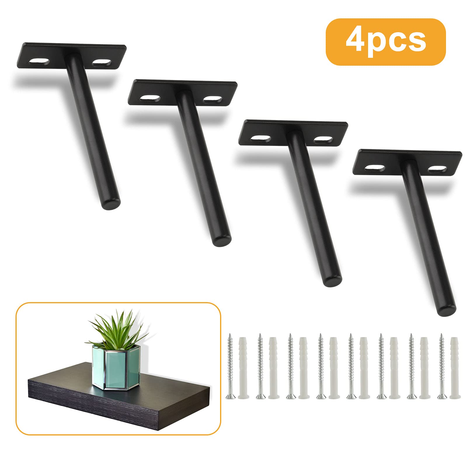 4 Pcs 4 Inch Heavy Duty Floating Shelf Brackets - Hidden Wall Supports for Wood Shelves, Black - Perfect for Home Office, Kitchen, Bathroom & Living Room Storage