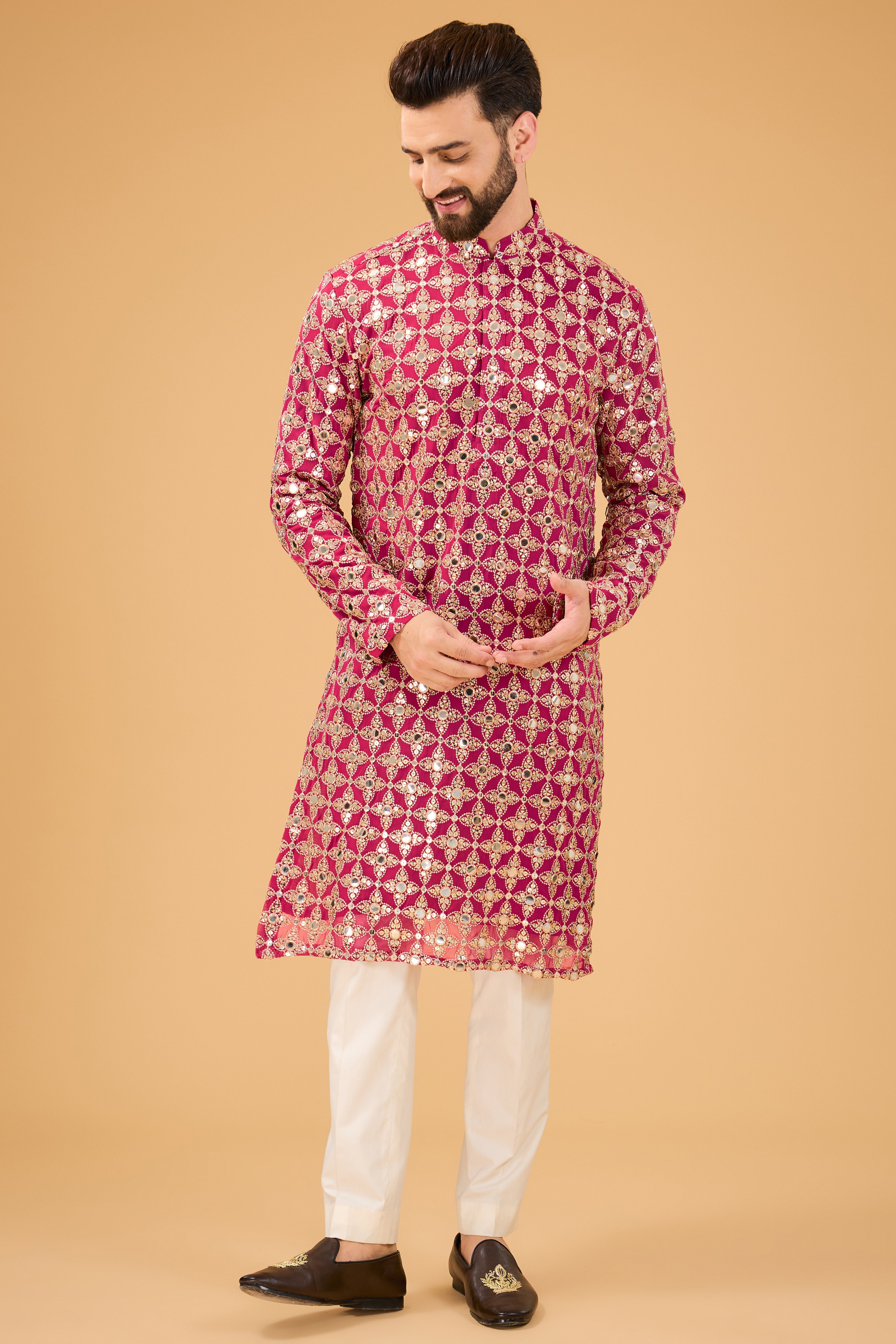 Elegant Hot Pink Mirror Work Kurta with Intricate Golden Zari Embroidery - Perfect for Festivals, Weddings & Ethnic Parties