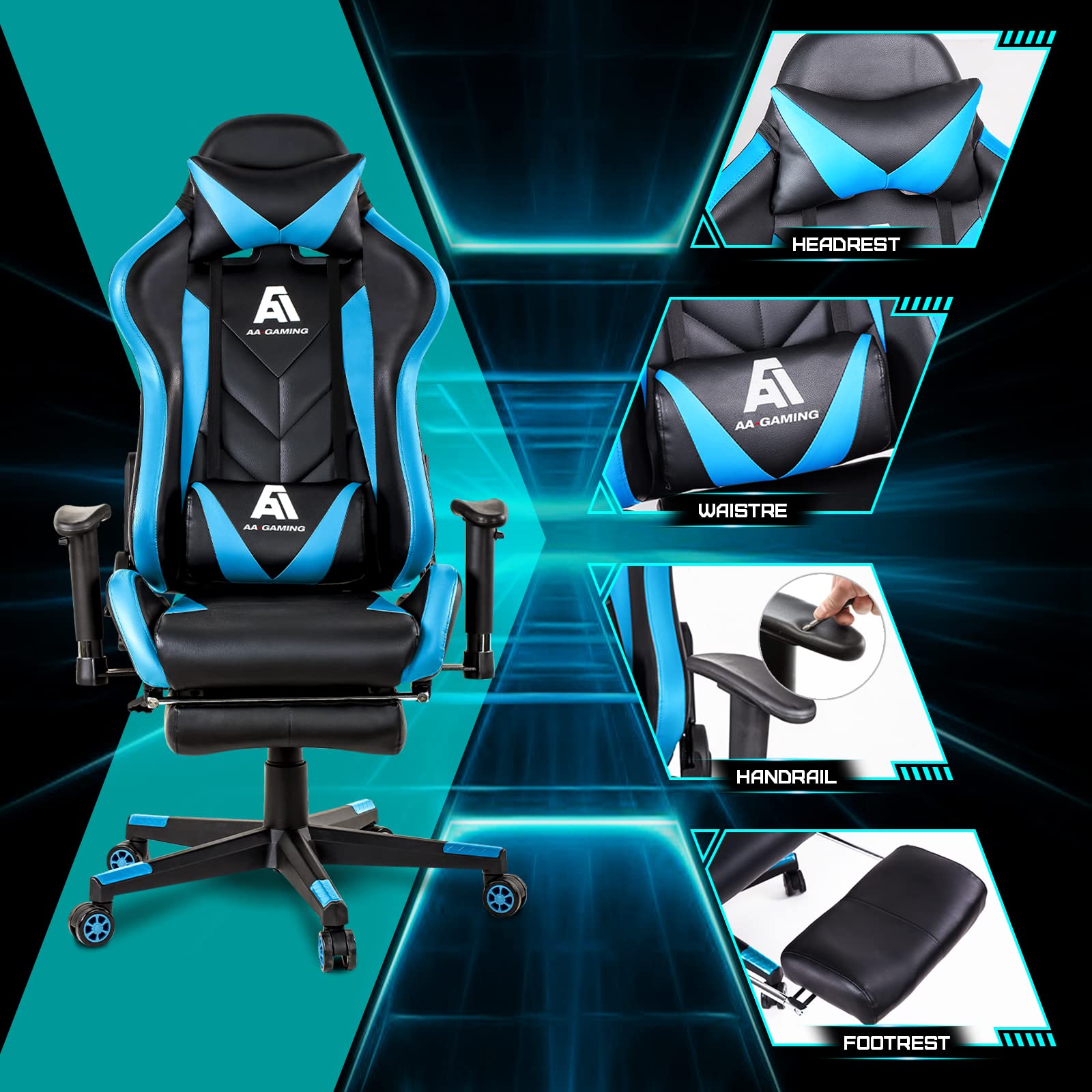 Premium Gaming Chair - High Back Ergonomic Racing Office Chair with Adjustable Height, Footrest & Lumbar Support - Swivel Computer Chair for PC Gaming, Streaming & Home Office (Black & Blue) - Perfect for Esports, Work from Home & Long Gaming Sessions