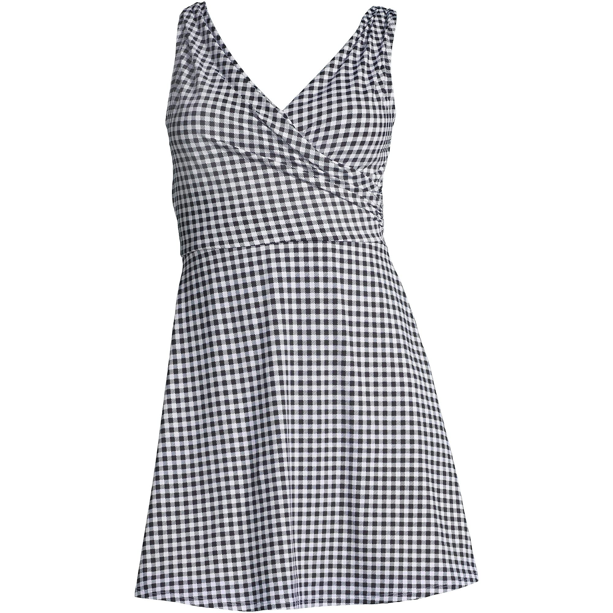 Lands' End Women's Chlorine Resistant Surplice Swim Dress with Control - Black/White Gingham Plus Size 24W | Perfect for Beach Vacations, Pool Parties & Summer Getaways