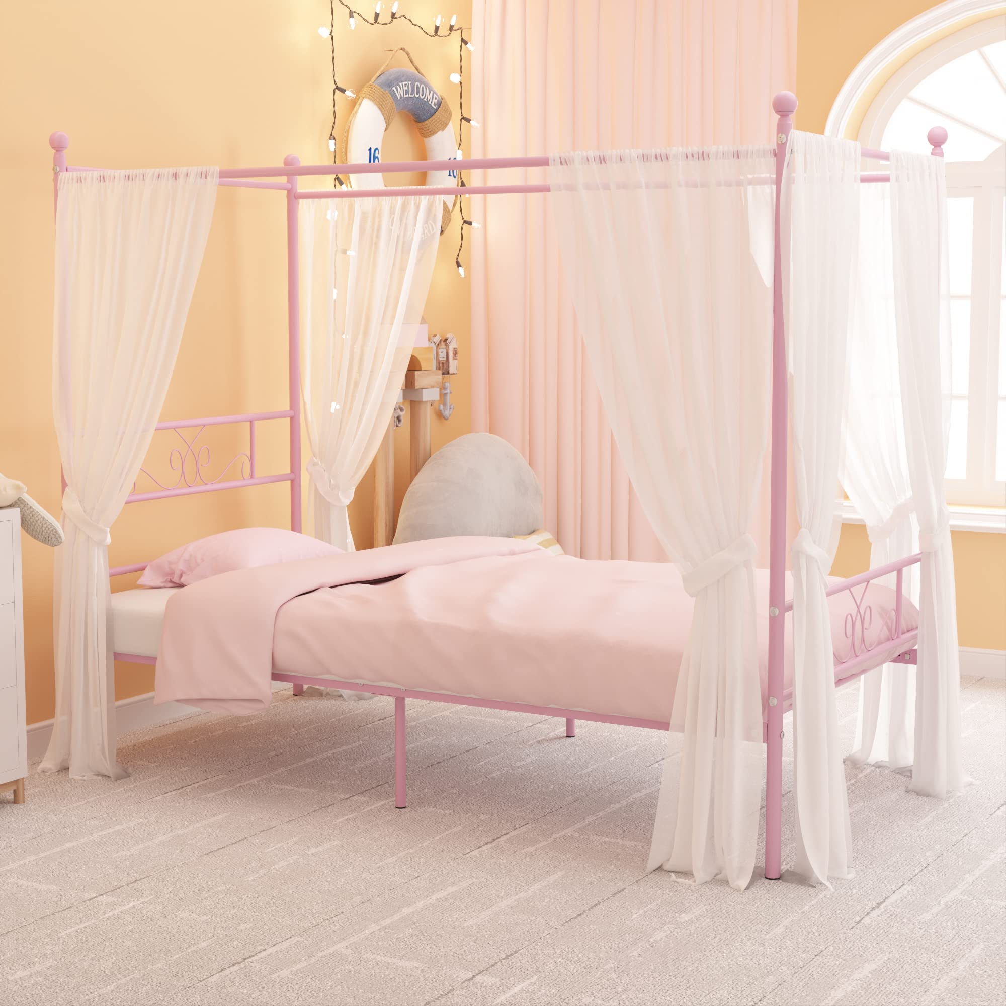 Weehom Twin Canopy Bed Frame with Headboard and Footboard - 4 Poster Metal Bed Frame for Kids & Adults - No Box Spring Needed - Sturdy Mattress Foundation Platform Bed in Pink - Perfect for Bedrooms, Guest Rooms & Dorm Decor