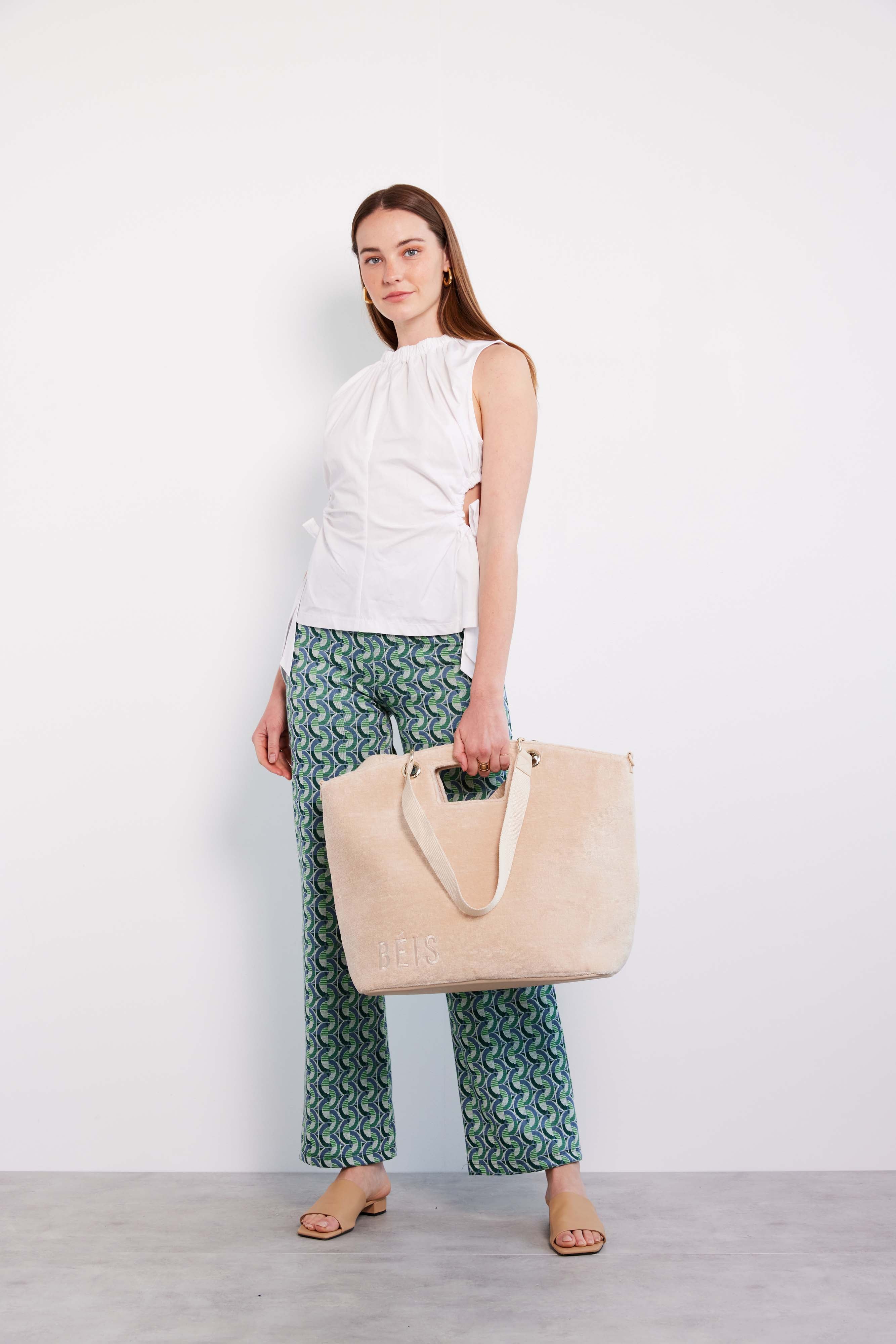 Beige Terry Tote Bag - Soft Cotton Canvas Beach Tote for Women - Perfect for Shopping, Travel & Everyday Use