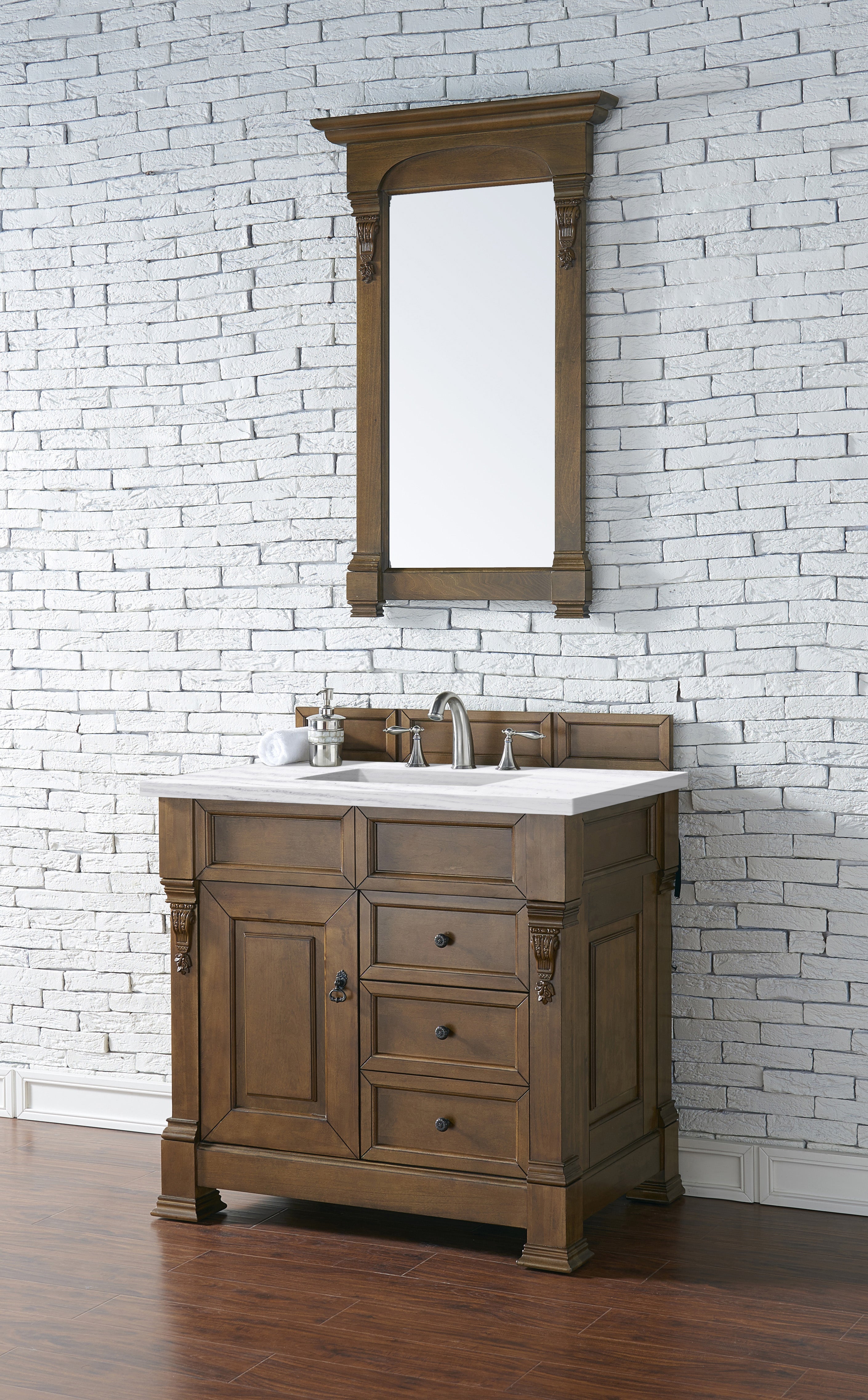 Brookfield 36 Inch Single Bathroom Vanity in Country Oak with 3CM Arctic Fall Solid Surface Top - Perfect for Modern Farmhouse & Rustic Bathroom Decor