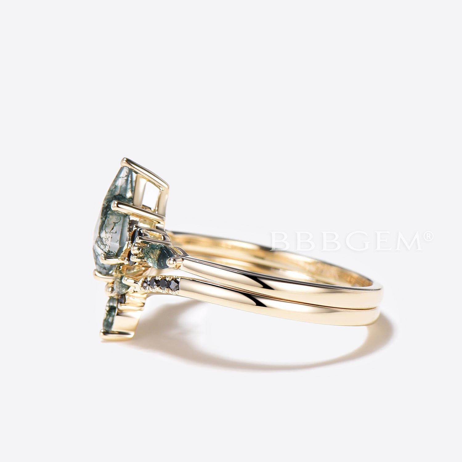 **Moss Agate Engagement Ring Set with Kite Cut Cluster & Black Spinel – Perfect for Weddings, Proposals, and Anniversary Gifts**