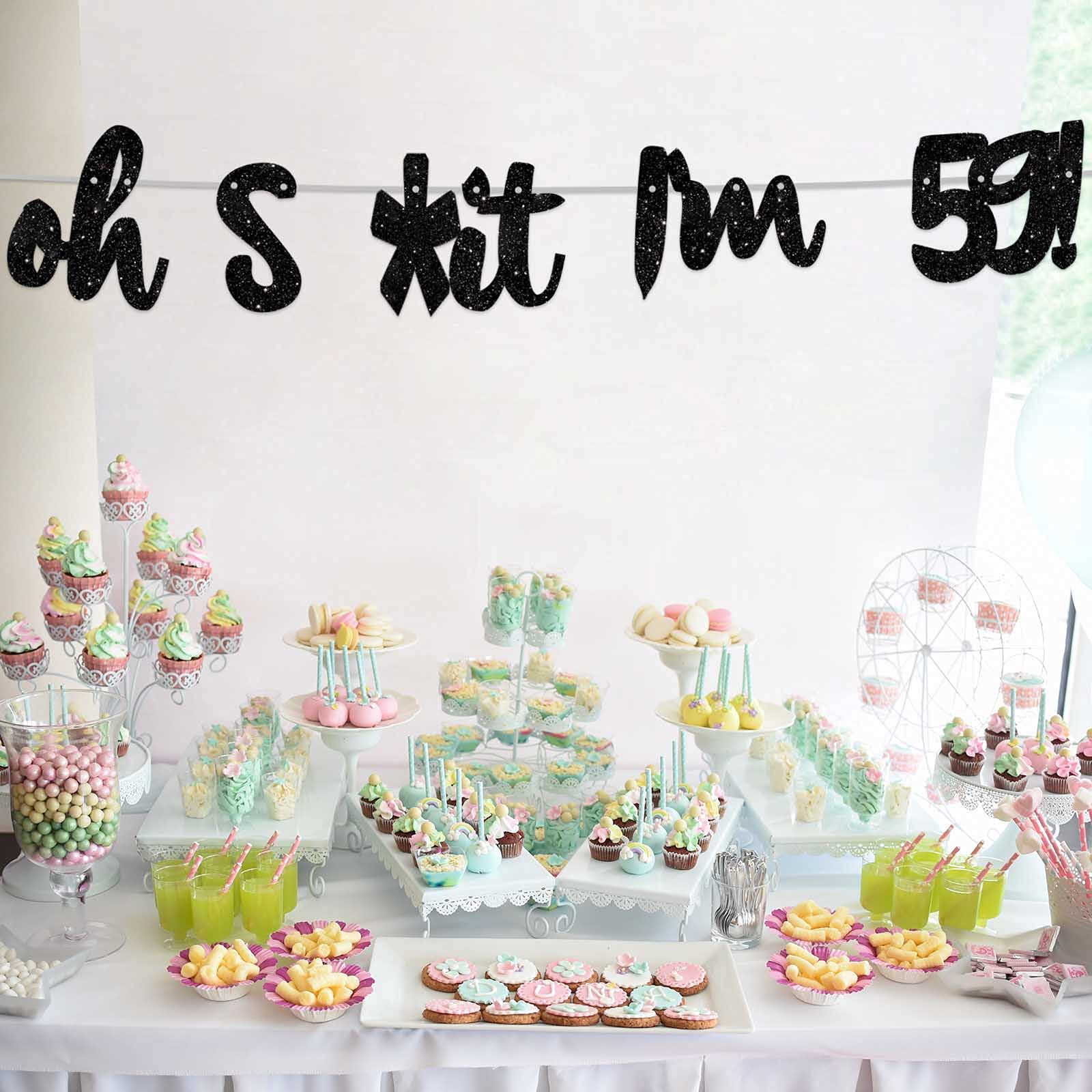 Glitter Black 'Oh I'm 59!' Birthday Banner Backdrop - Happy 59th Birthday Party Decorations for Men & Women - Photo Studio Props, Flags & Party Supplies Kit - Perfect for 59th Birthday Celebrations, Milestone Parties & Photo Backdrops