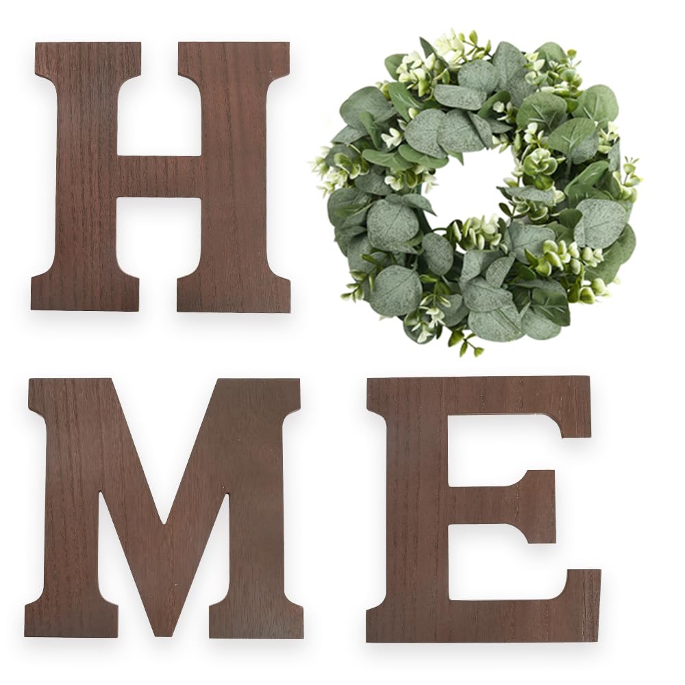 Rustic Wooden Home Sign Wall Decor with Artificial Eucalyptus Wreath - Farmhouse Style Wall Hanging Letters for Living Room, Kitchen & Housewarming Gifts - Perfect for Cozy Home Decor & Warm Housewarming Presents (Brown)