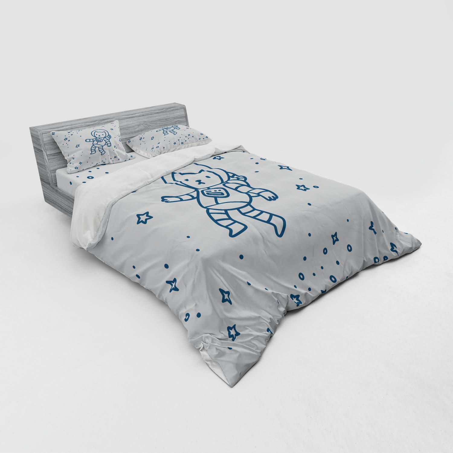 Ambesonne Cat Duvet Cover Set - 4 Piece Queen Size with Shams & Fitted Sheet, Cartoon Astronaut Cat in Outer Space Constellation Design, Dark Blue | Perfect for Cat Lovers' Bedroom Decor & Space Theme Nursery