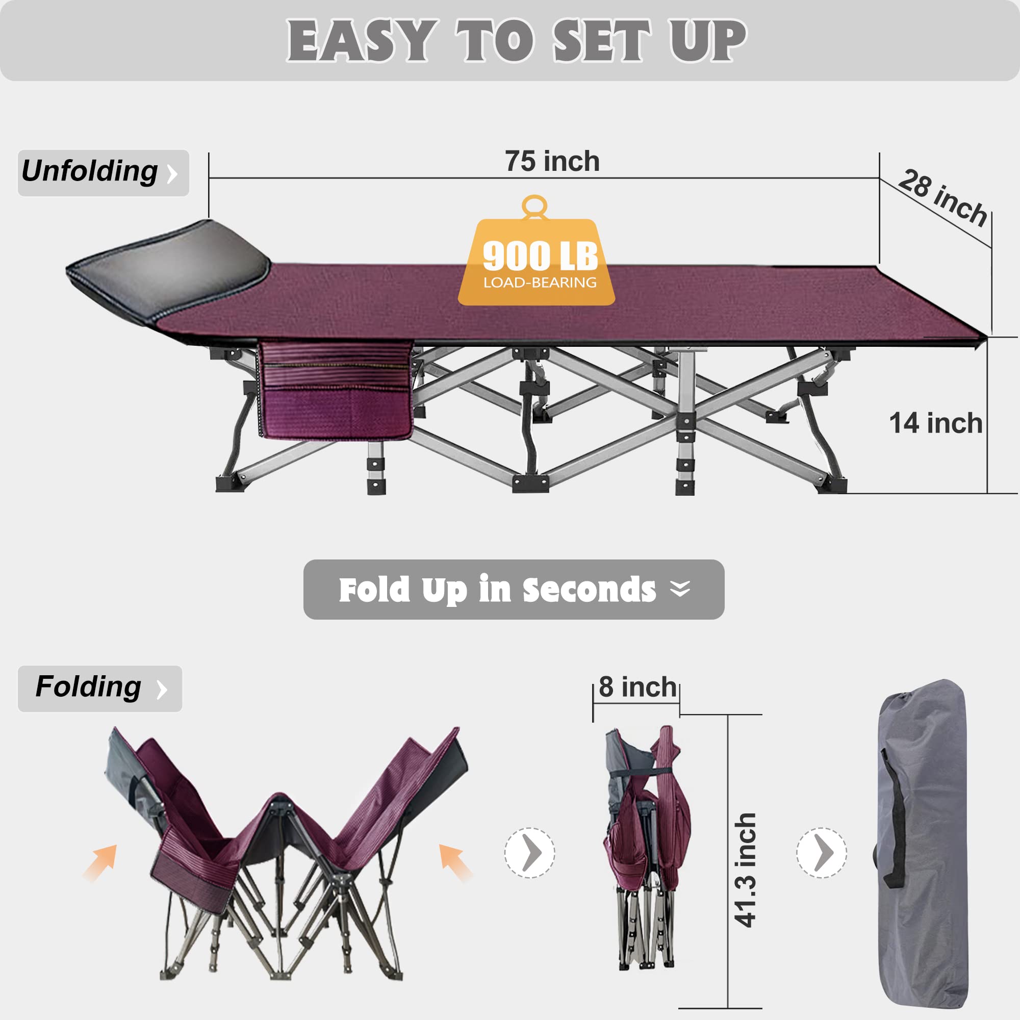 ABORON Heavy Duty Folding Camping Cot with Mattress for Adults - Portable Outdoor Bed with Carry Bag, 1200D Oxford Fabric - Perfect for Camping, Hiking, Travel & Emergency Use