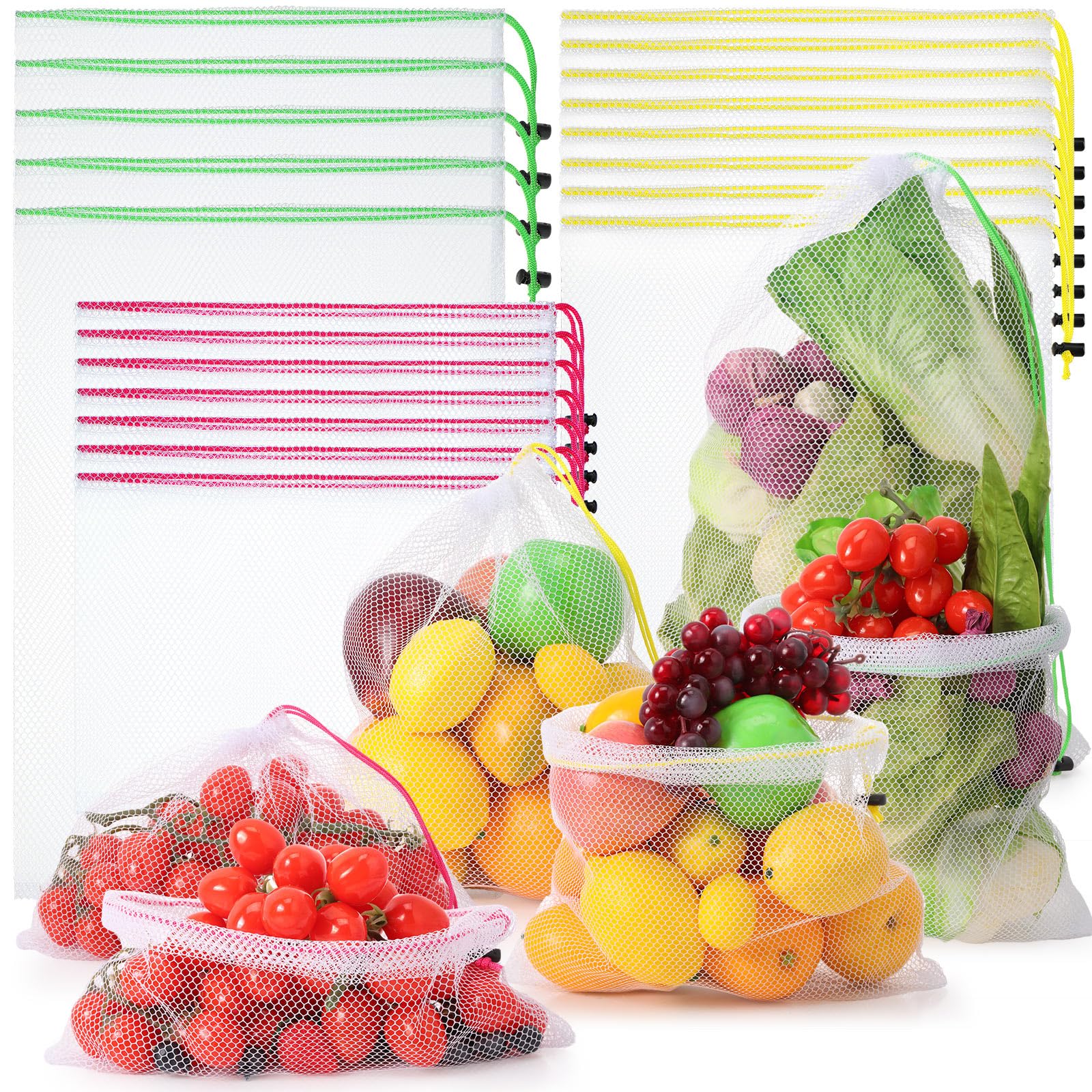 Frienda 20 Pack Reusable Mesh Produce Bags with Drawstring - Washable Eco-Friendly Grocery Bags for Vegetables, Fruits, Farmers Market & Refrigerator Storage (Green, Yellow, Rose Red) - Perfect for Shopping, Beach Picnics & Zero Waste Lifestyle