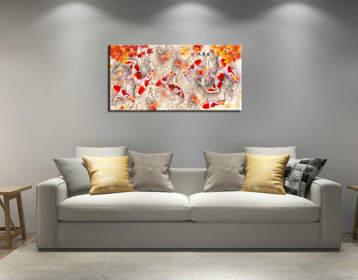 HYLOVE FISH Canvas Art Print - Stretched & Framed Koi Painting, Chinese Feng Shui Wall Decor for Home & Office - Perfect for Living Room, Bedroom or Workspace (Red)