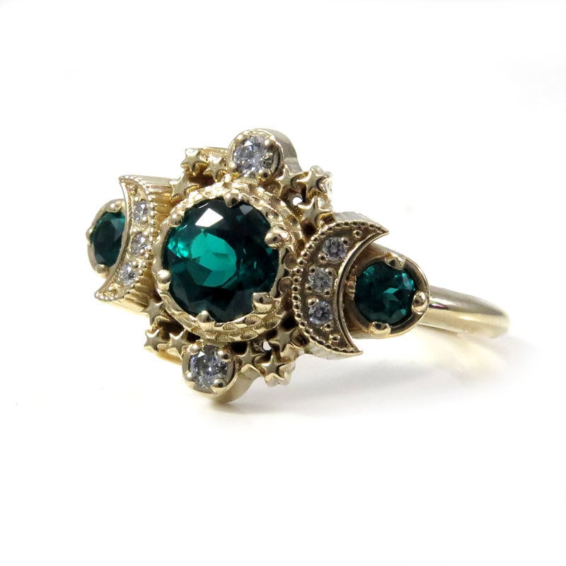 Chatham Emerald & Diamond Moon Phase Engagement Ring in Rose, Yellow, or White Gold - Boho Celestial Jewelry for Weddings & Proposals