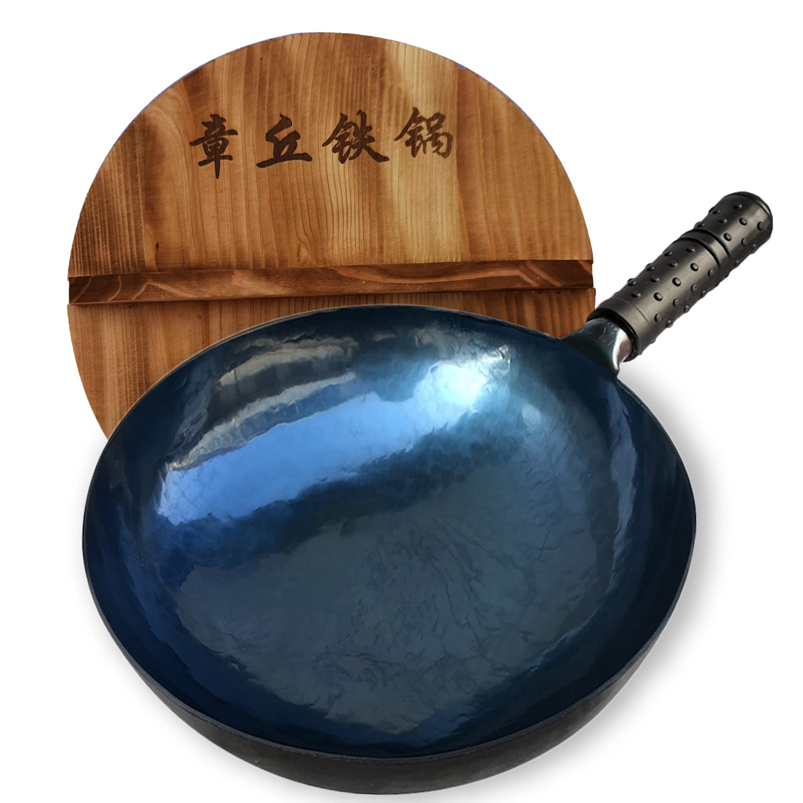 Premium Chinese Hand Hammered Iron Wok Set - Non-Stick, Preseasoned Blue Round Bottom Wok Pan for Electric, Induction & Gas Stoves (Blue Black-12) - Perfect for Stir-Frying, Deep Frying & Asian Cooking