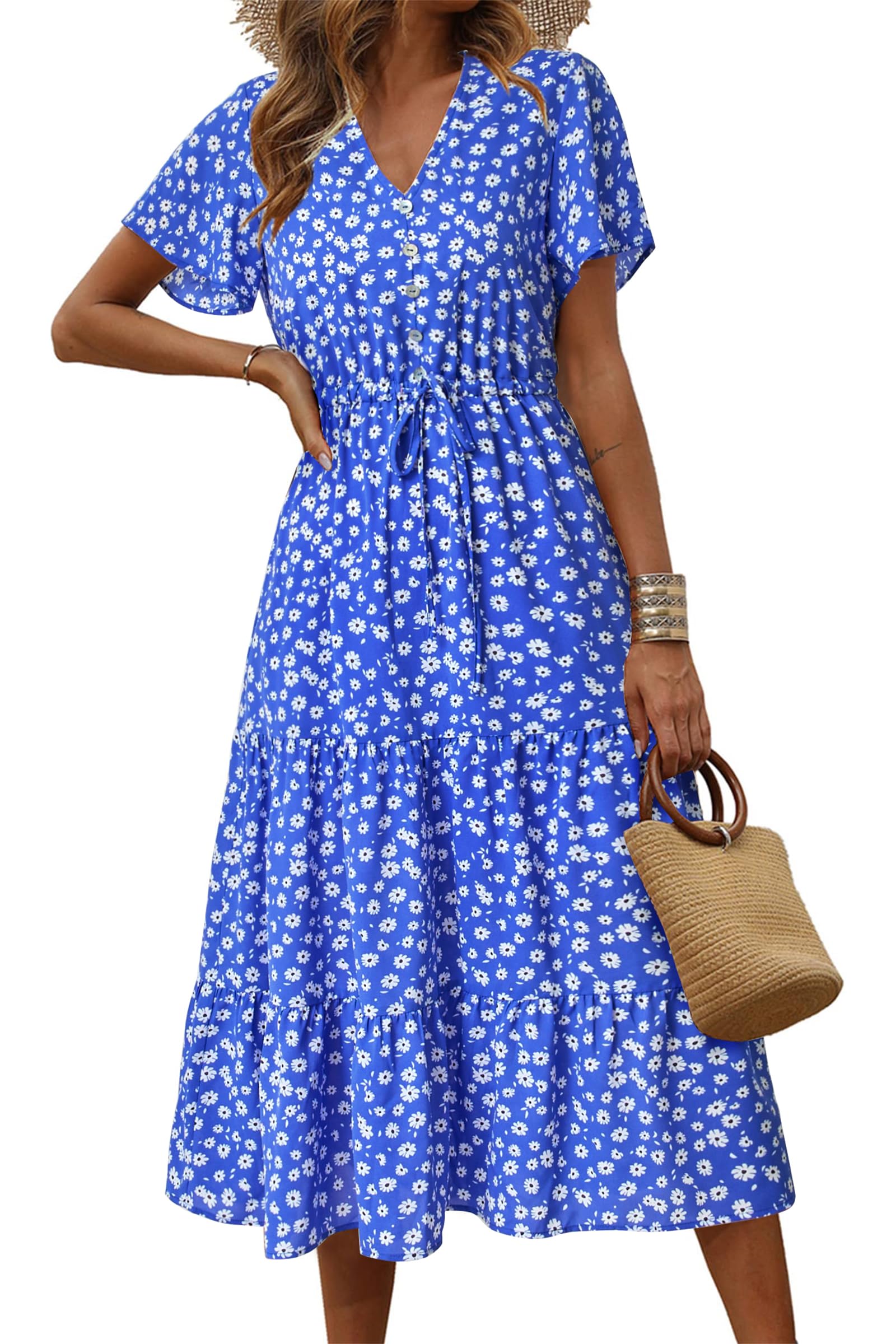 PRETTYGARDEN Women's Floral Maxi Dress - 2025 Summer Casual Short Sleeve V-Neck Tiered Boho Beach Sundress - Perfect for Vacations, Weddings & Outdoor Parties