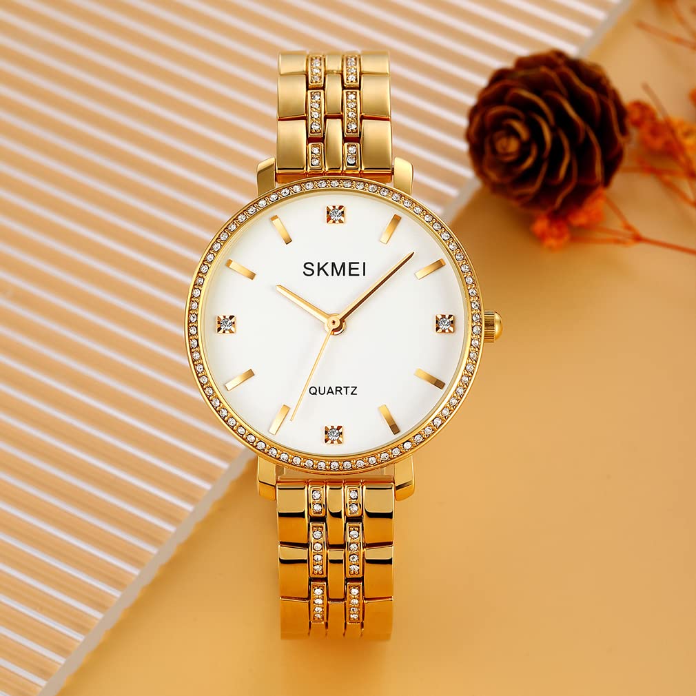 SKMEI Women's Luxury Diamond Stainless Steel Watch - Gold Analog Business Dress Watch with Big Face, Waterproof, Elegant Gift for Wife, Girlfriend & Ladies (Perfect for Office, Party & Formal Occasions)