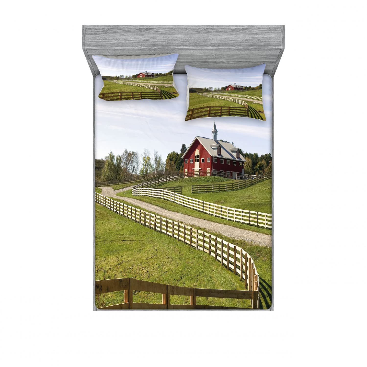 Ambesonne Farmhouse 2-Pack Queen Size Fitted Sheet Set with 4 Pillow Shams - Rustic Country House Design, Soft Bedding Collection for Cozy Bedroom Decor | Perfect for Guest Rooms, Vacation Homes & Farmhouse Style Bedrooms