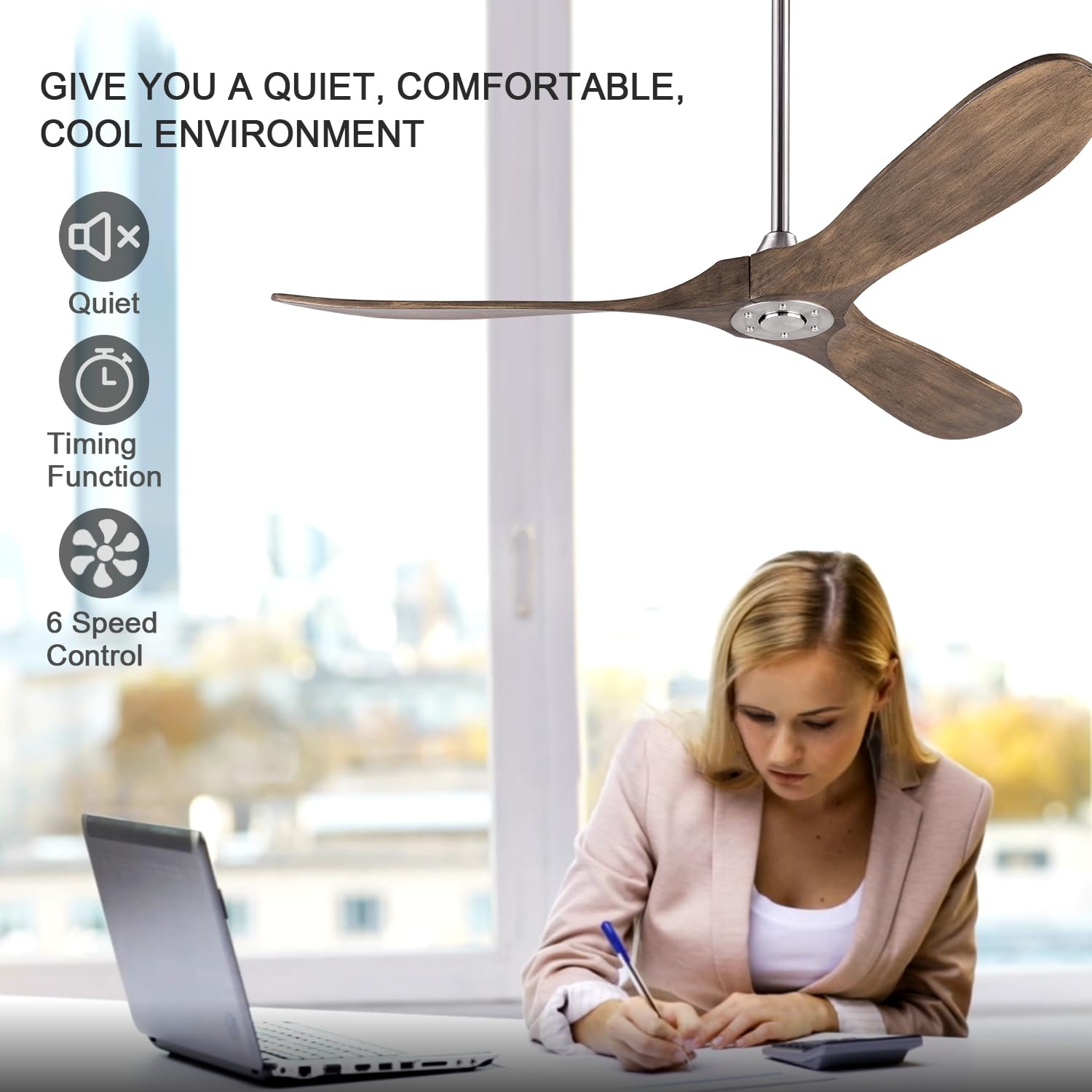BOJUE 60 Inch Ceiling Fan No Light with Remote Control, 3 Solid Wood Blades, Reversible DC Motor - Quiet Energy Efficient Indoor Outdoor Ceiling Fan for Living Room, Bedroom, Farmhouse, Patio, Porch (Nickel Finish)