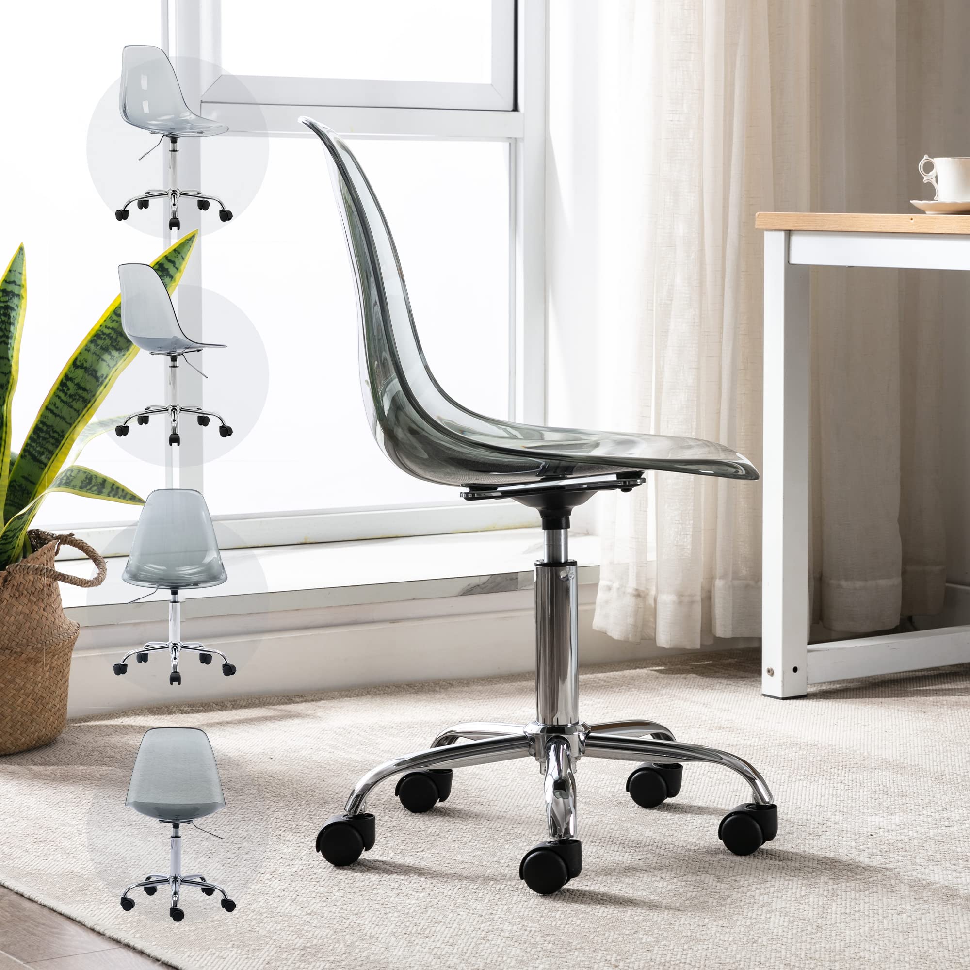 Modern Acrylic Clear Desk Chair - Adjustable Height Rolling Office Chair, Small Armless Plastic Vanity Chair for Home Office, Dorm, Study & Workspace - Black Lucite Ghost Chair with Wheels