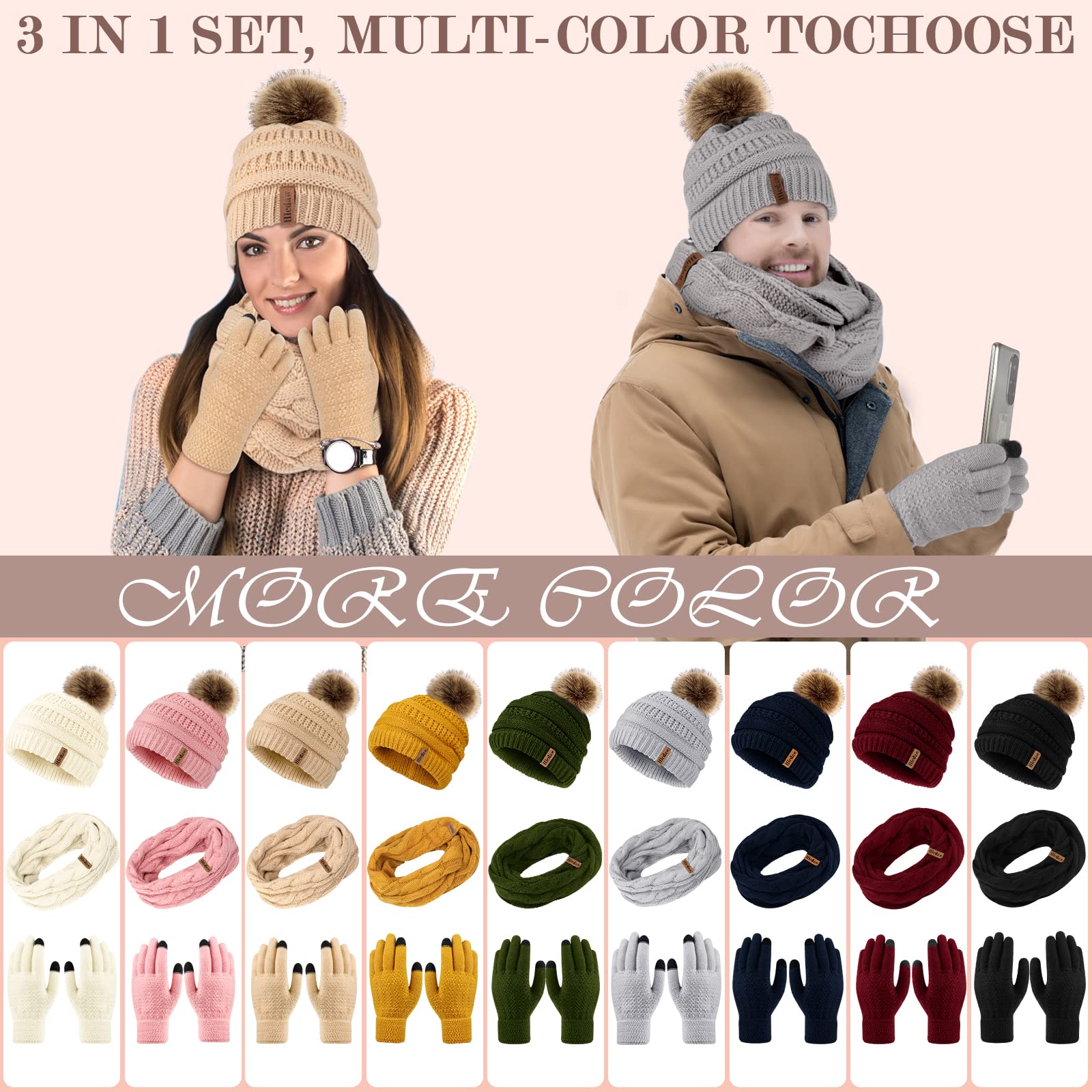 Hicdaw Women's Winter Hat Gloves Scarf Set - Soft Knit Beanie Hat, Warm Circle Loop Scarf & Cozy Gloves for Cold Weather - Perfect for Snowboarding, Skiing & Outdoor Activities