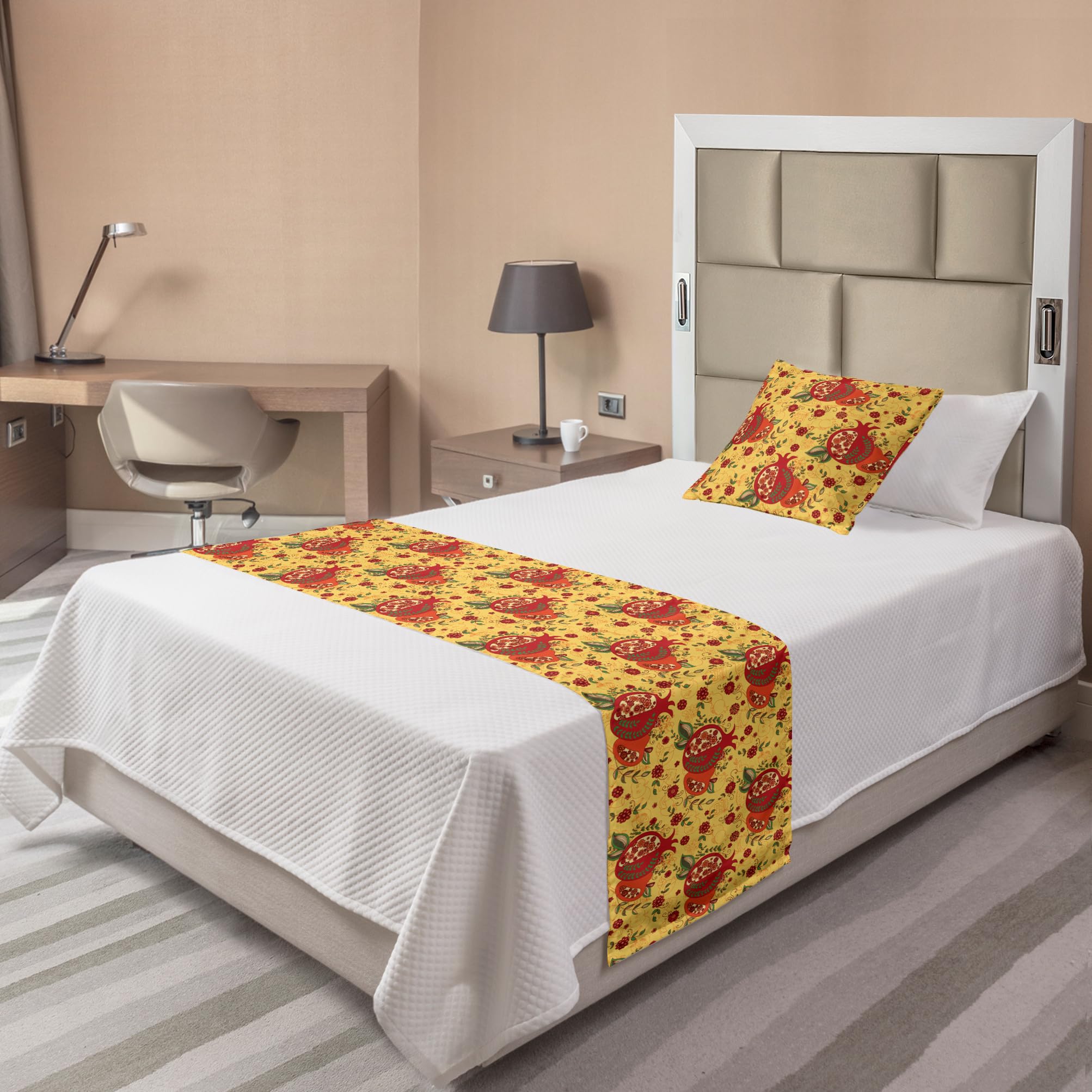 Ambesonne Oriental Bed Runner Set - Hebrew New Year Apple Pomegranate Pattern, Decorative Bed Scarf & Pillow Sham for Twin Beds - Perfect for Hotels, Homes & Holiday Decor