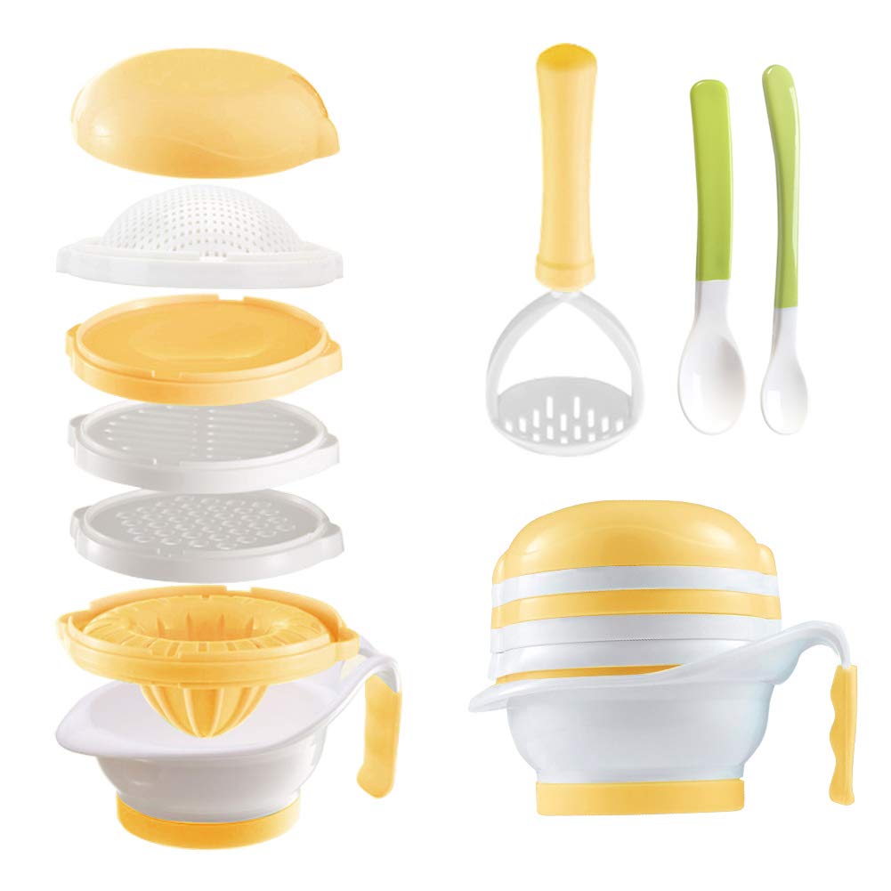 **Matyz 6-in-1 Baby Food Maker Set - BPA-Free Toddler Food Processor with Mash Bowl, Hand Masher, Citrus Juicer & Grater - Easy Homemade Baby Puree for Fruits & Vegetables - Perfect for Travel & Quick Meals (Yellow)**