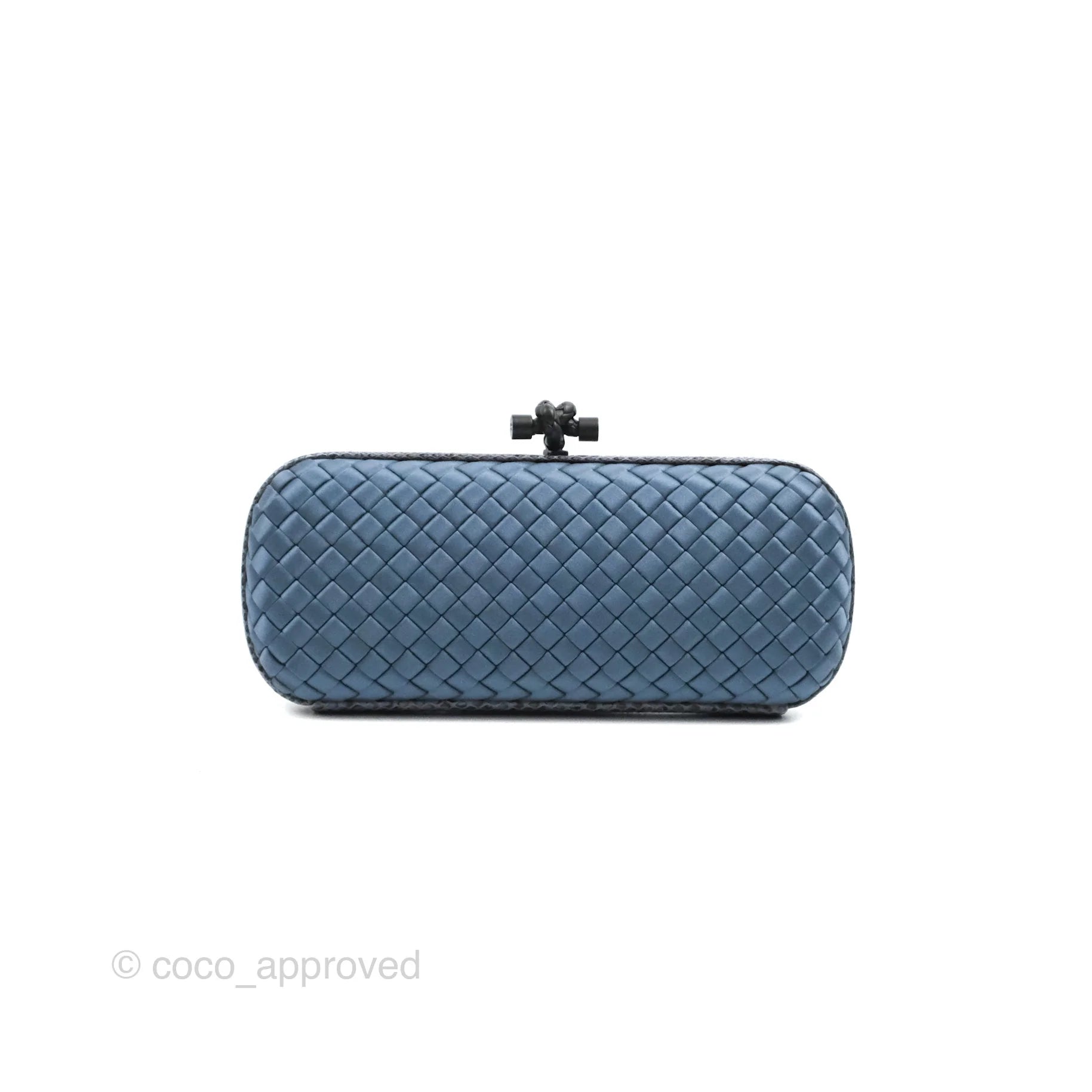 Bottega Veneta Ayers Satin Intreccio Stretch Knot Clutch Bag in Navy Blue | Luxury Evening Clutch for Women | Perfect for Parties, Weddings & Special Occasions