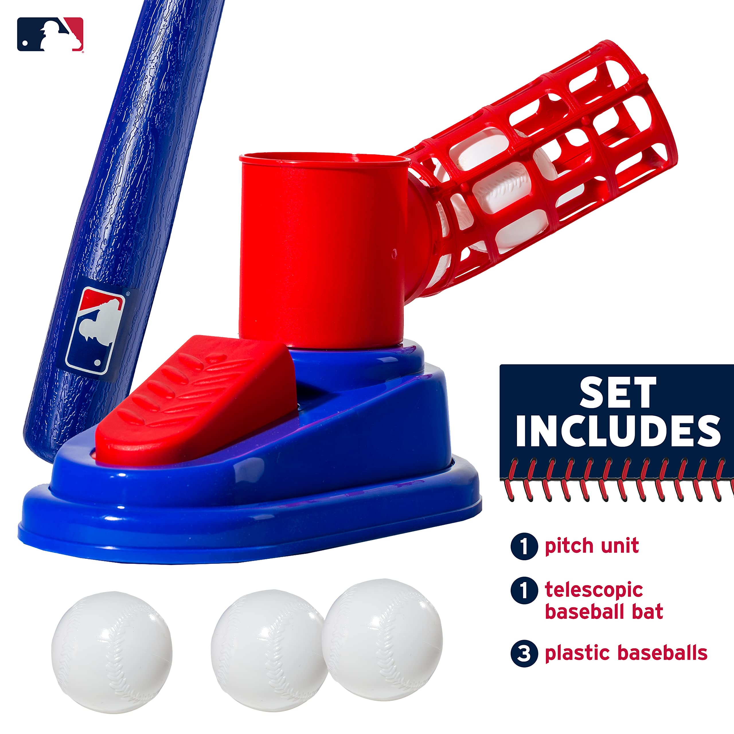 Franklin Sports Kids Baseball Pitching Machine - Pop A Pitch Batting Trainer with Youth Bat & 3 Plastic Balls - Perfect for Backyard Practice, Team Training & Birthday Gifts - Red/Blue Baseball Toy for Boys & Girls